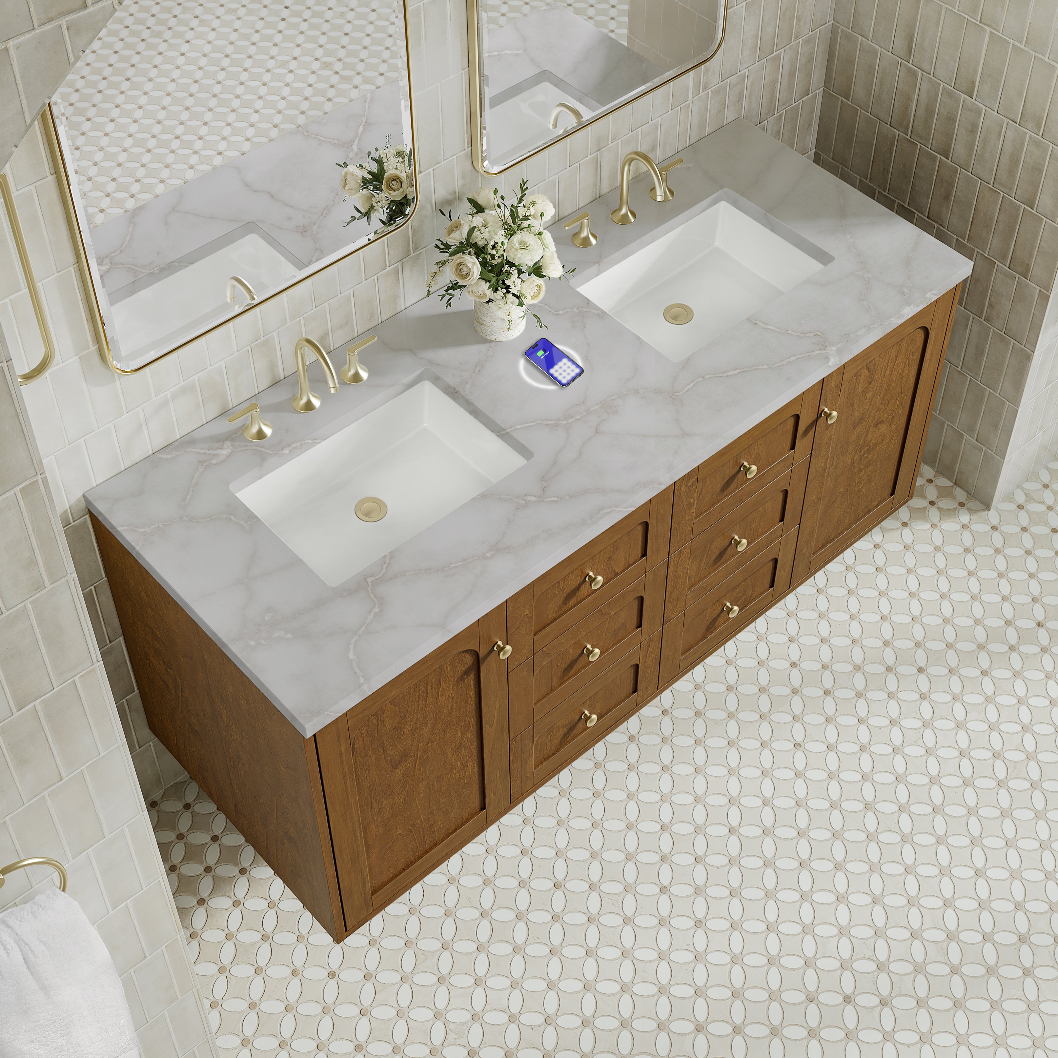 James Martin Laurent 60" Double Vanity in Honey Oak with 3cm Countertop and FreePower Wireless Charger
