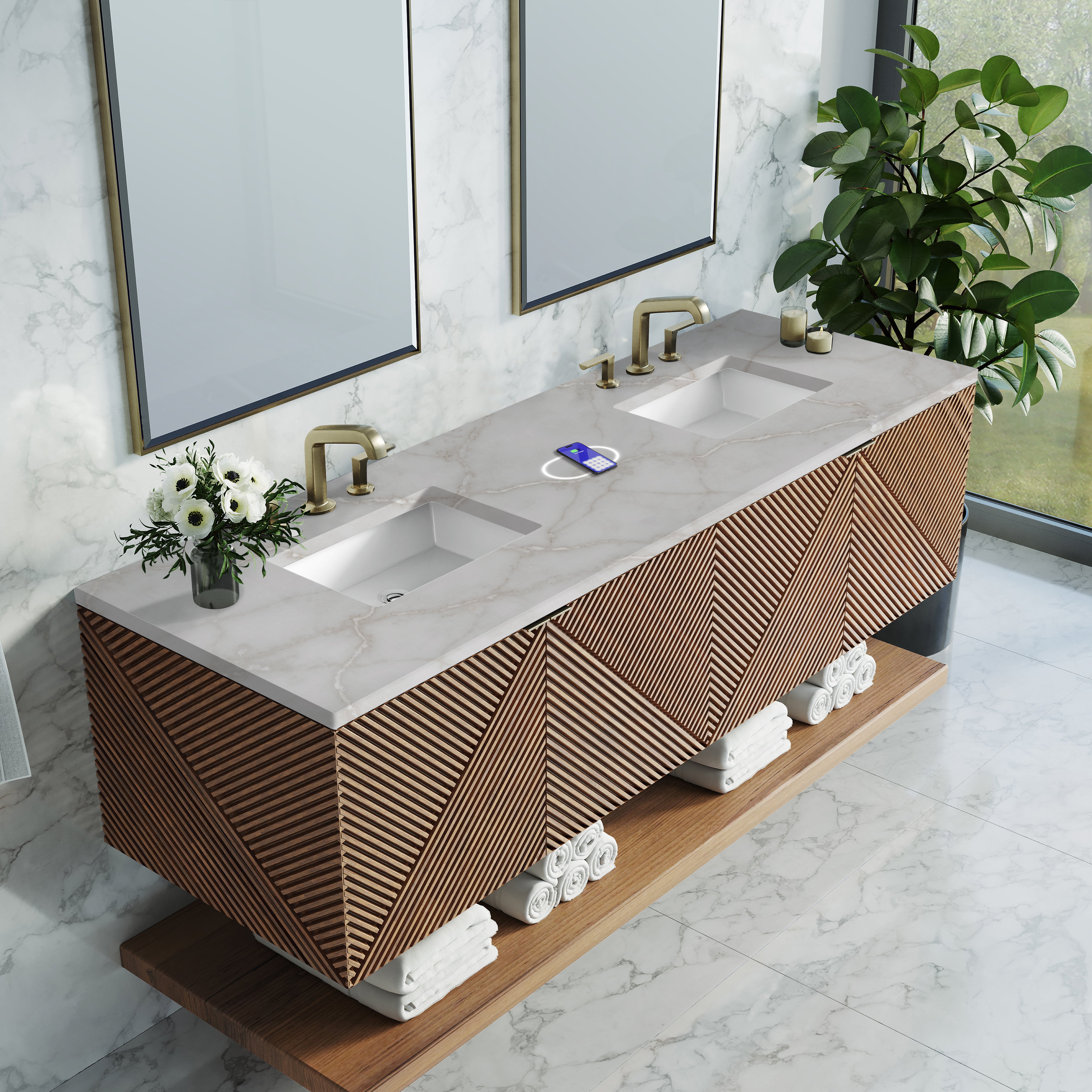 James Martin Marcello 72" Double Vanity in Chestnut with 3cm Countertop and FreePower Wireless Charger