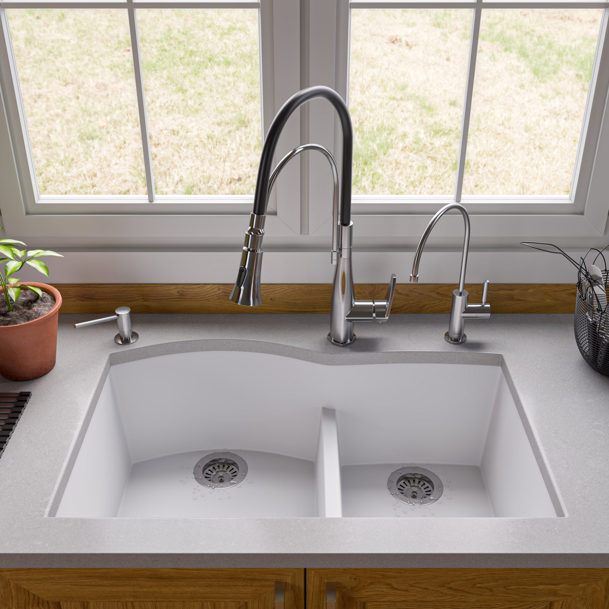 ALFI brand AB3320UM 33" Double Bowl Undermount Granite Composite Kitchen Sink