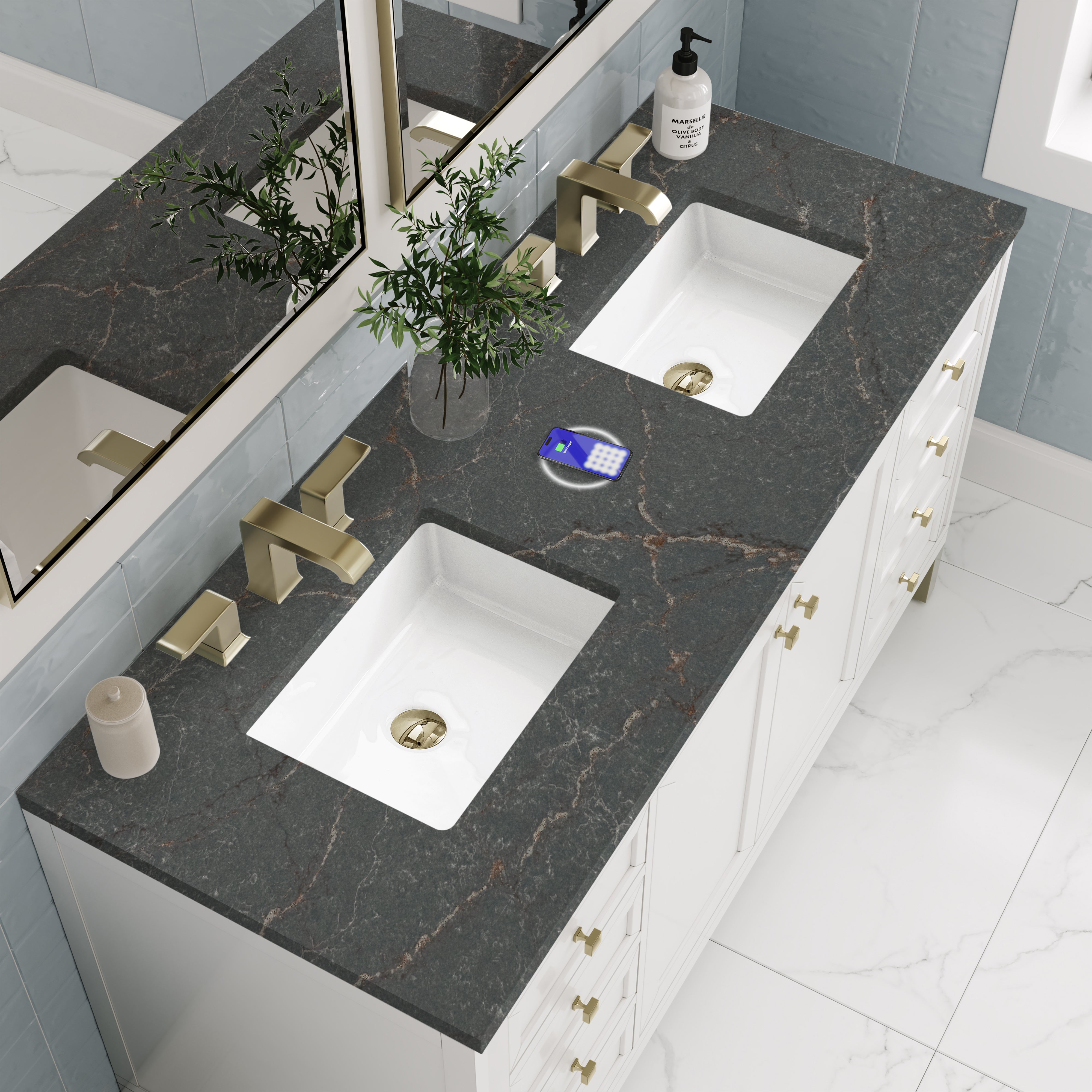 James Martin Chicago 60" Double Vanity in Glossy White with 3cm Countertop and FreePower Wireless Charger