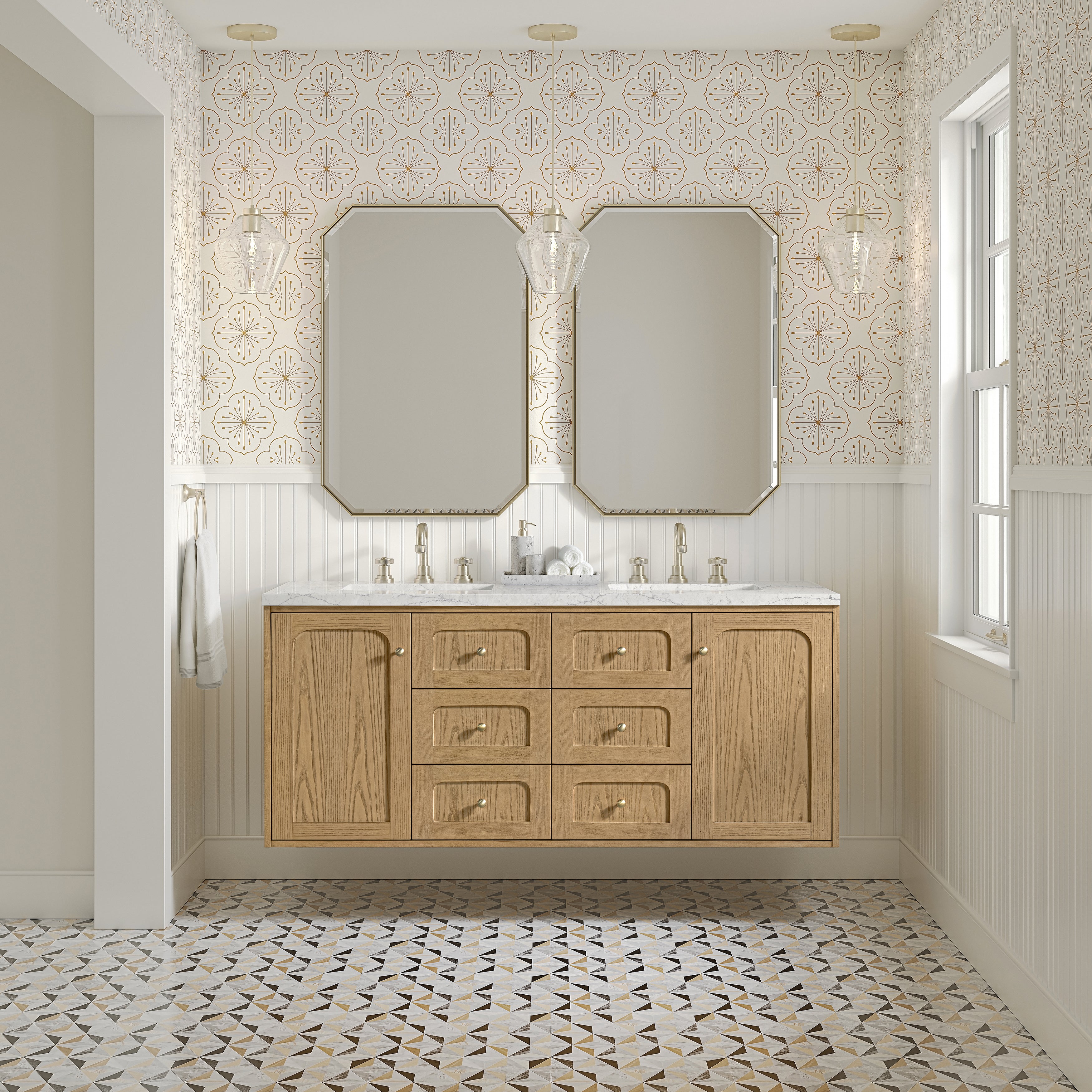 James Martin Laurent 60" Double Vanity in Light Natural Oak with 3cm Countertop and FreePower Wireless Charger
