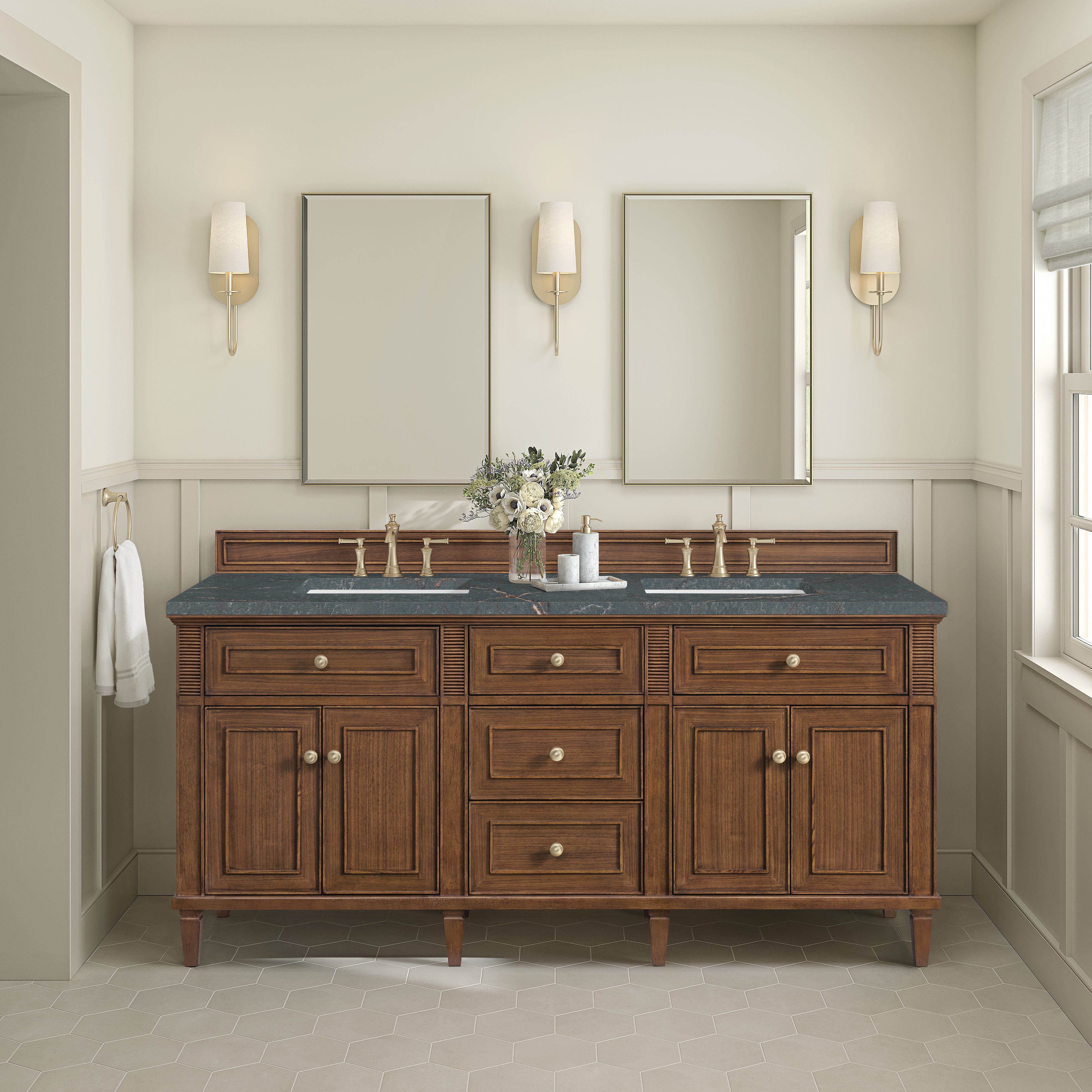 James Martin Lorelai 72"Double Vanity in Mid-Century Walnut with 3cm Countertop