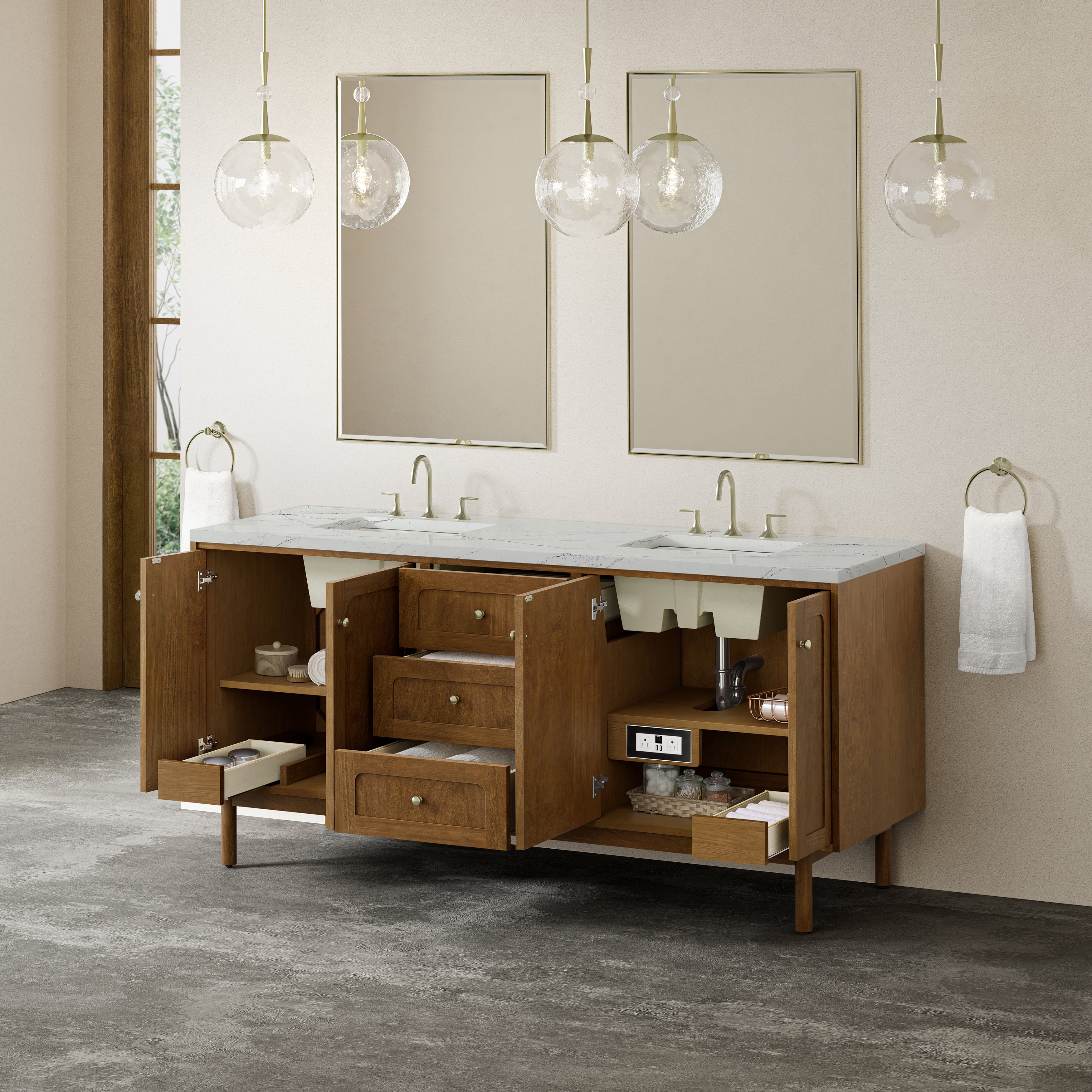 James Martin Laurent 72" Double Vanity in Honey Oak with 3cm Countertop and FreePower Wireless Charger