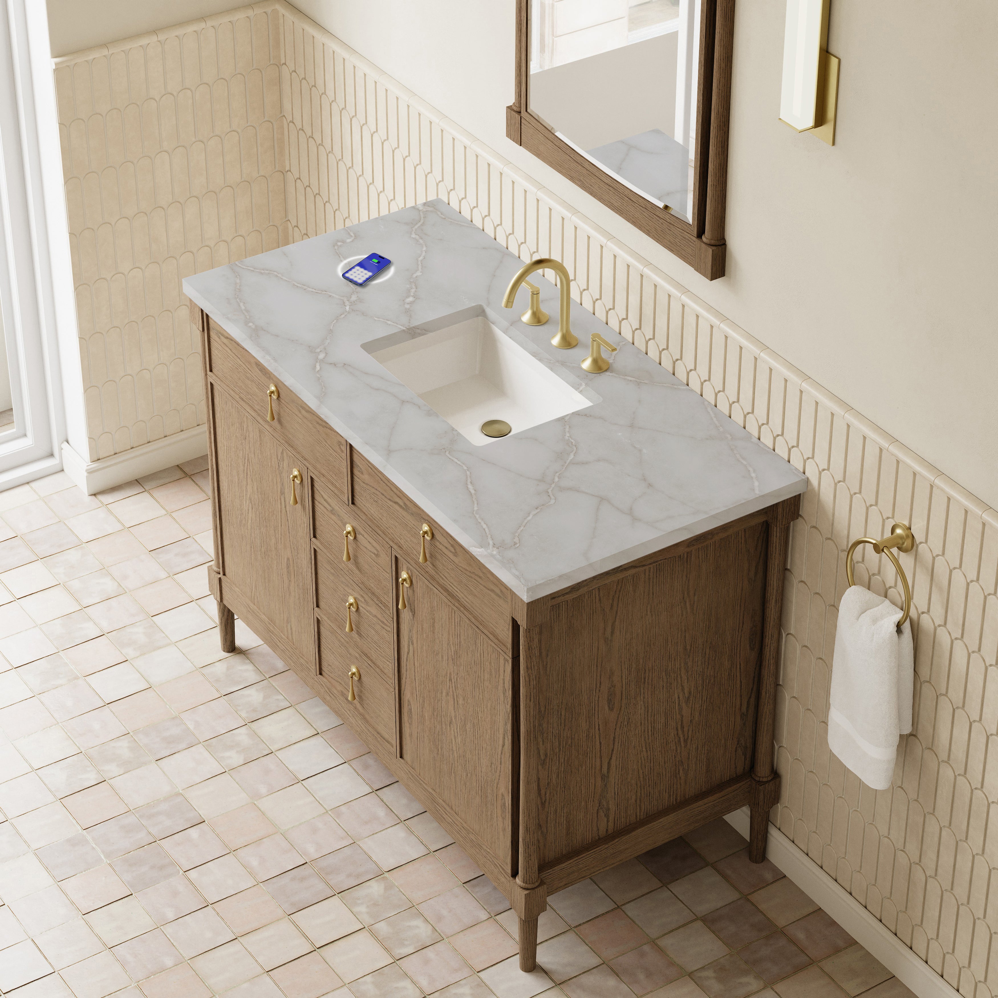 James Martin Kinnsden 48" Single Vanity in Weathered Oak with 3cm Countertop and FreePower Wireless Charger