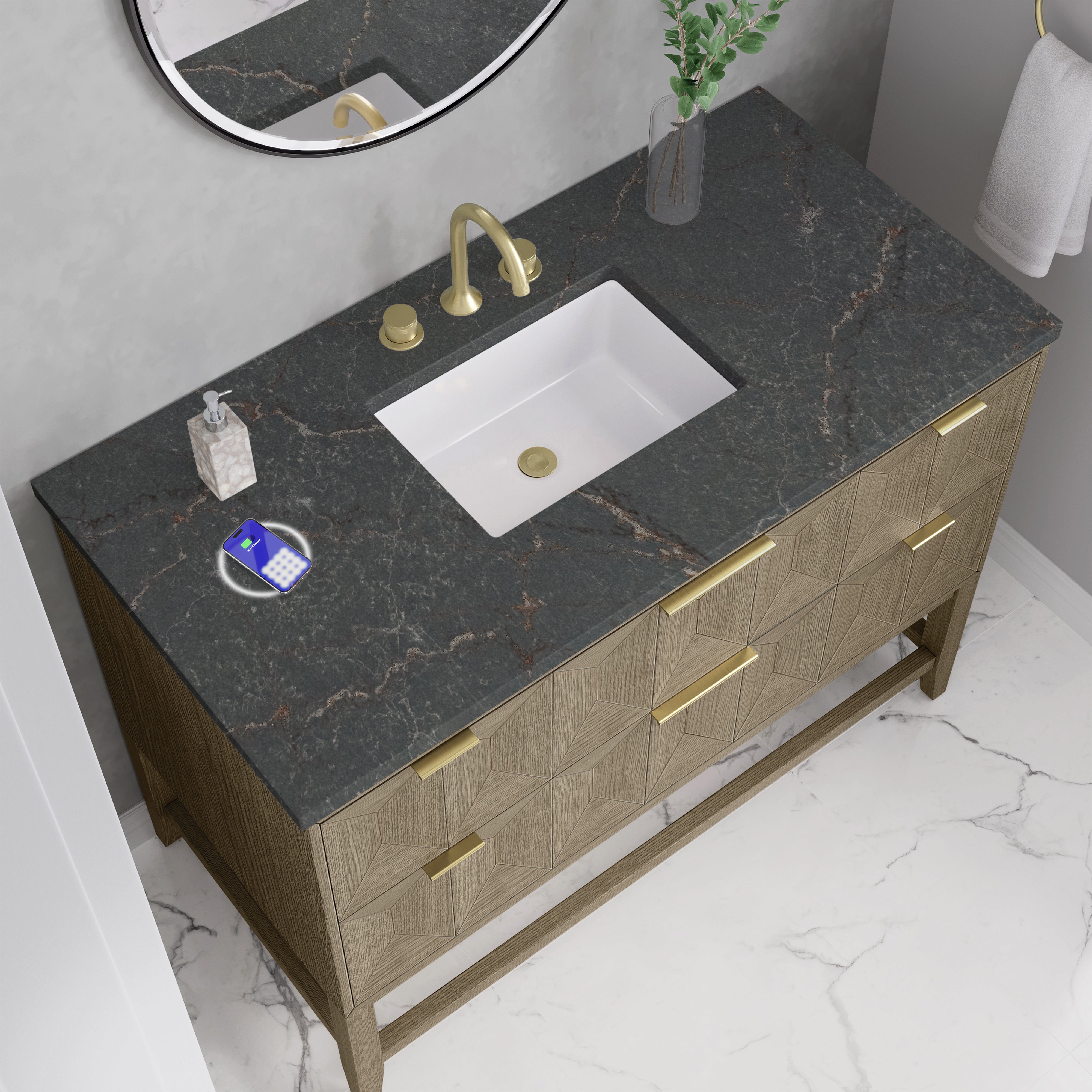 James Martin Emmeline 48" Single Vanity in Pebble Oak with 3cm Countertop and FreePower Wireless Charger