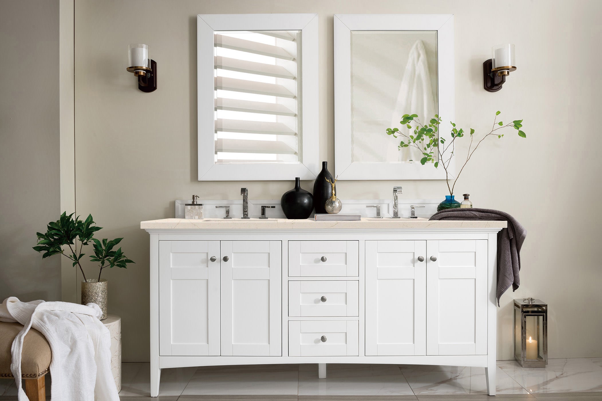 James Martin Palisades 72" Double Vanity in Bright White with 3cm Countertop