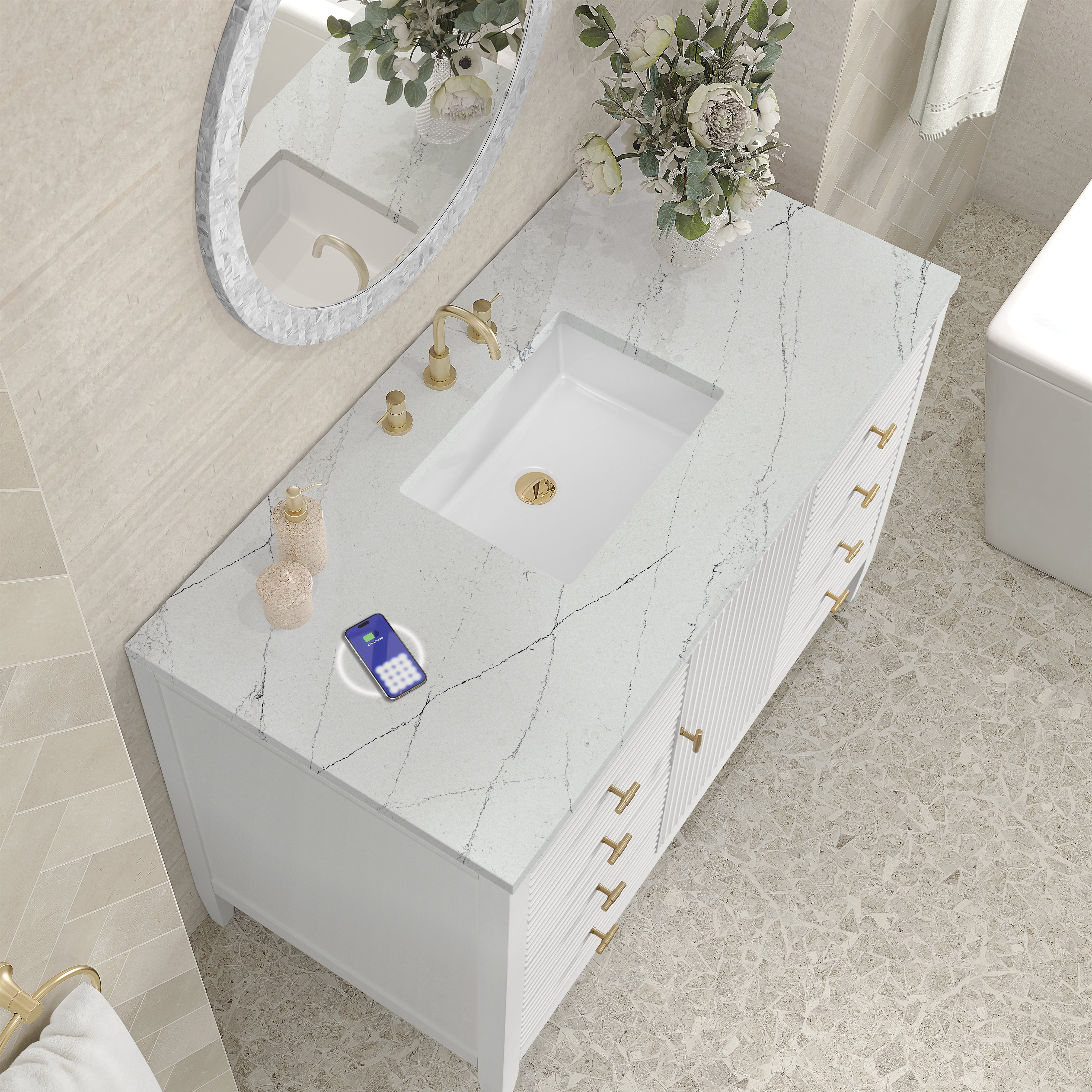 James Martin Myrrin 48" Single Vanity in Bright White with 3cm Countertop and FreePower Wireless Charger