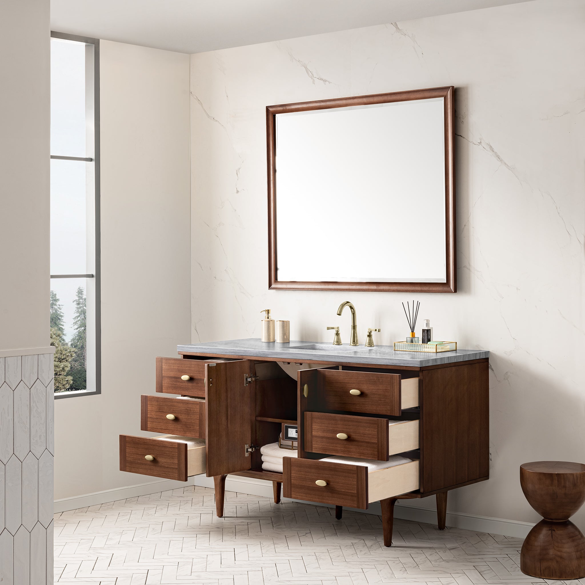 James Martin Amberly 60" Single Vanity in Mid-Century Walnut with 3cm Countertop