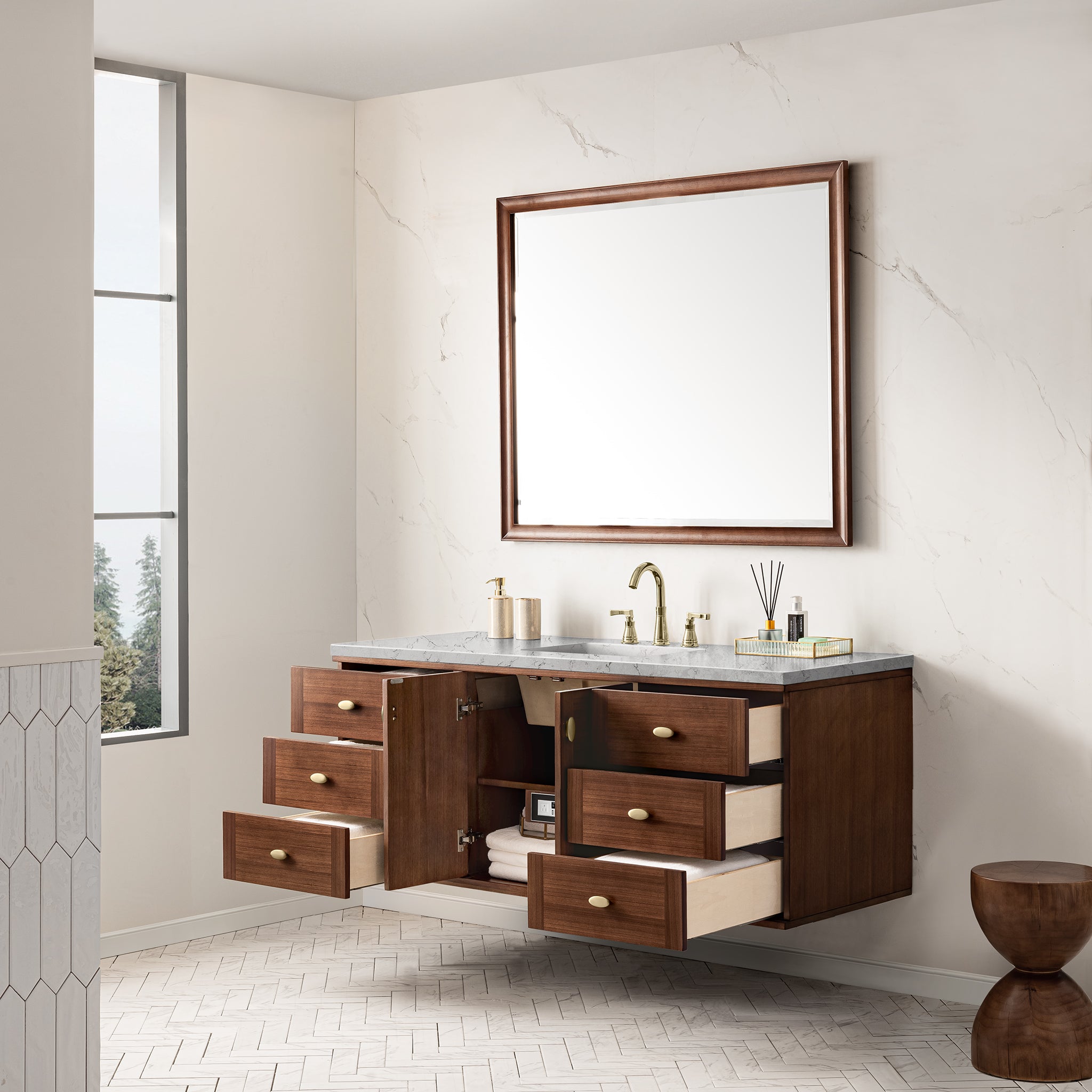James Martin Amberly 60" Single Vanity in Mid-Century Walnut with 3cm Countertop