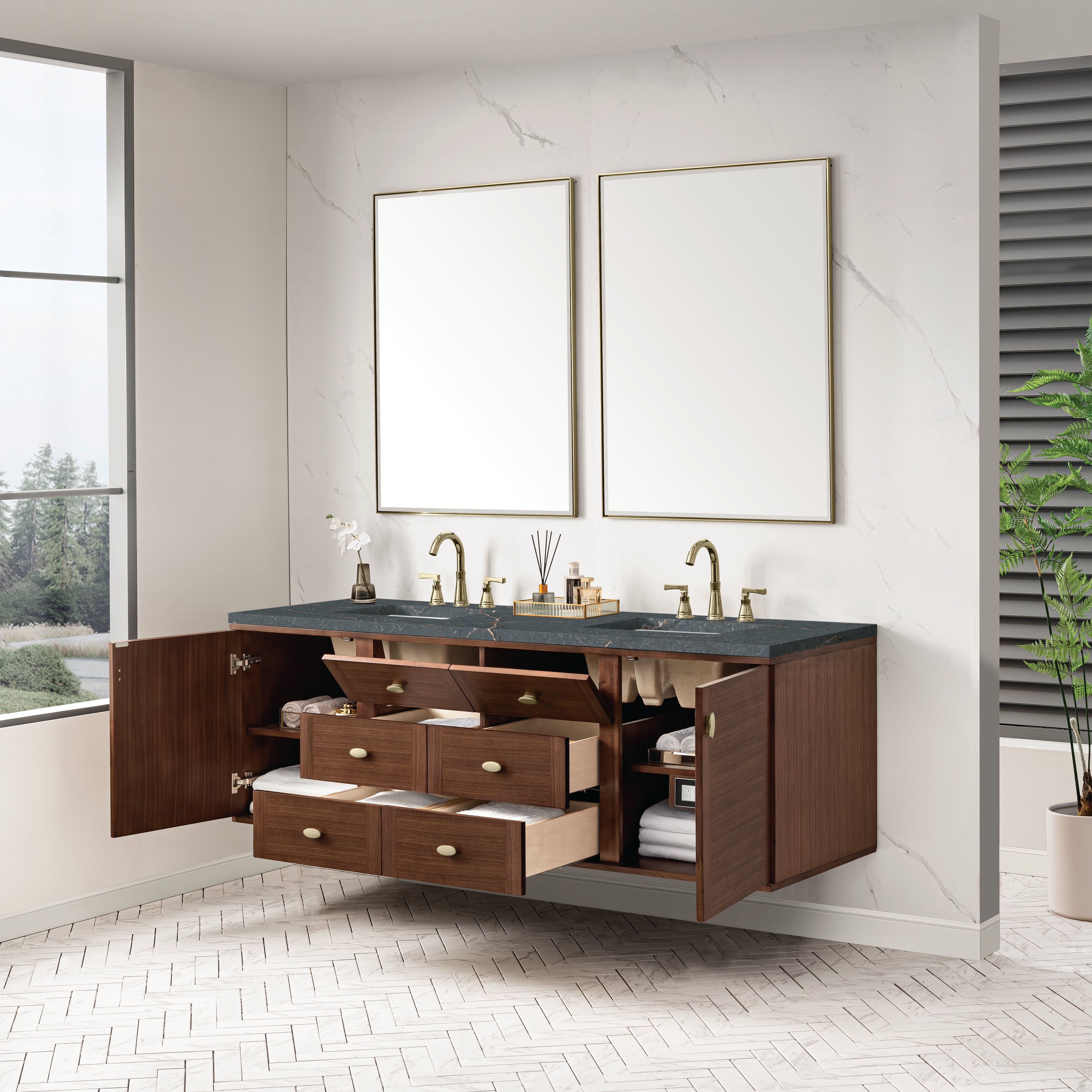 James Martin Amberly 72" Double Vanity in Mid-Century Walnut with 3cm Countertop