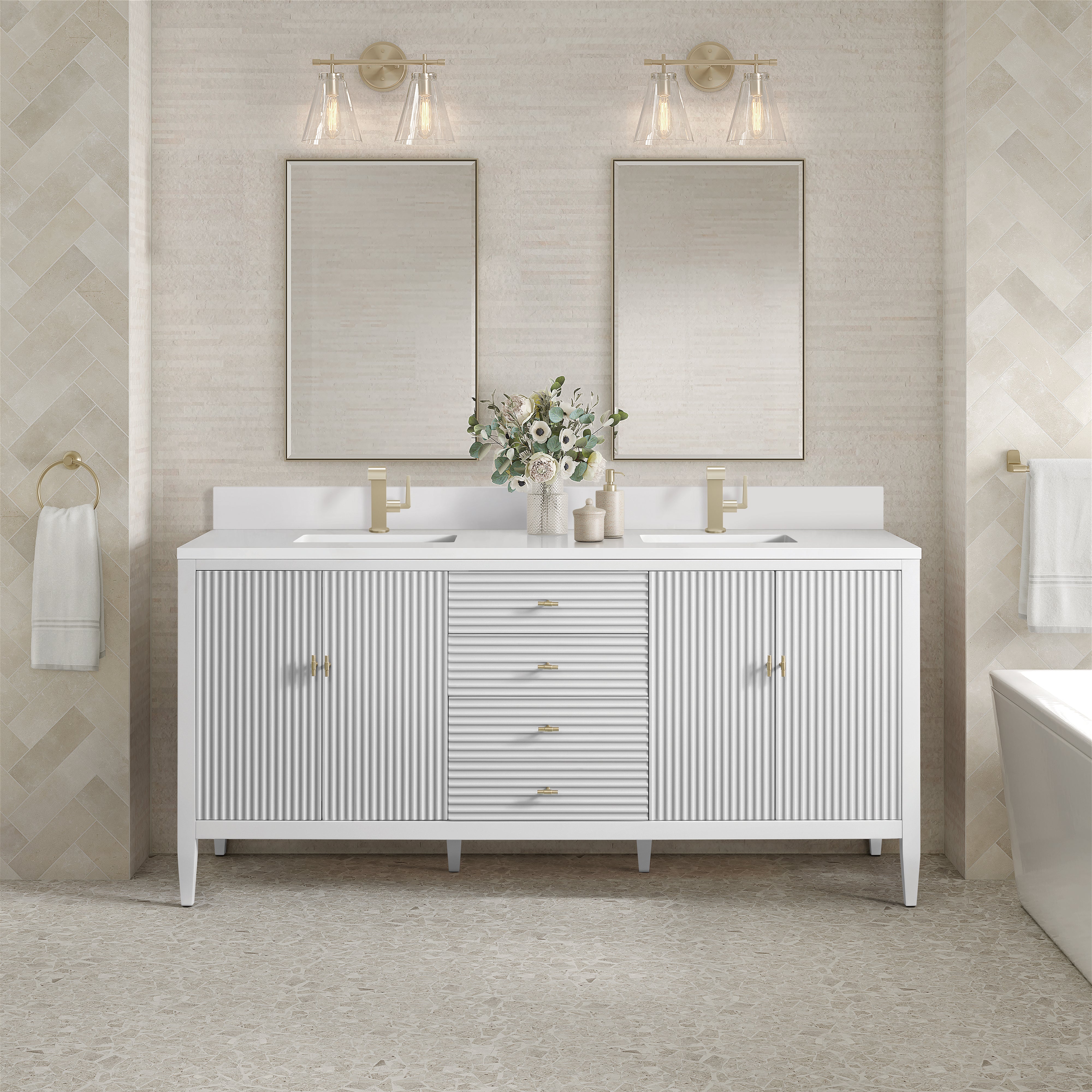 James Martin Myrrin 72" Double Vanity in Bright White with 3cm Countertop