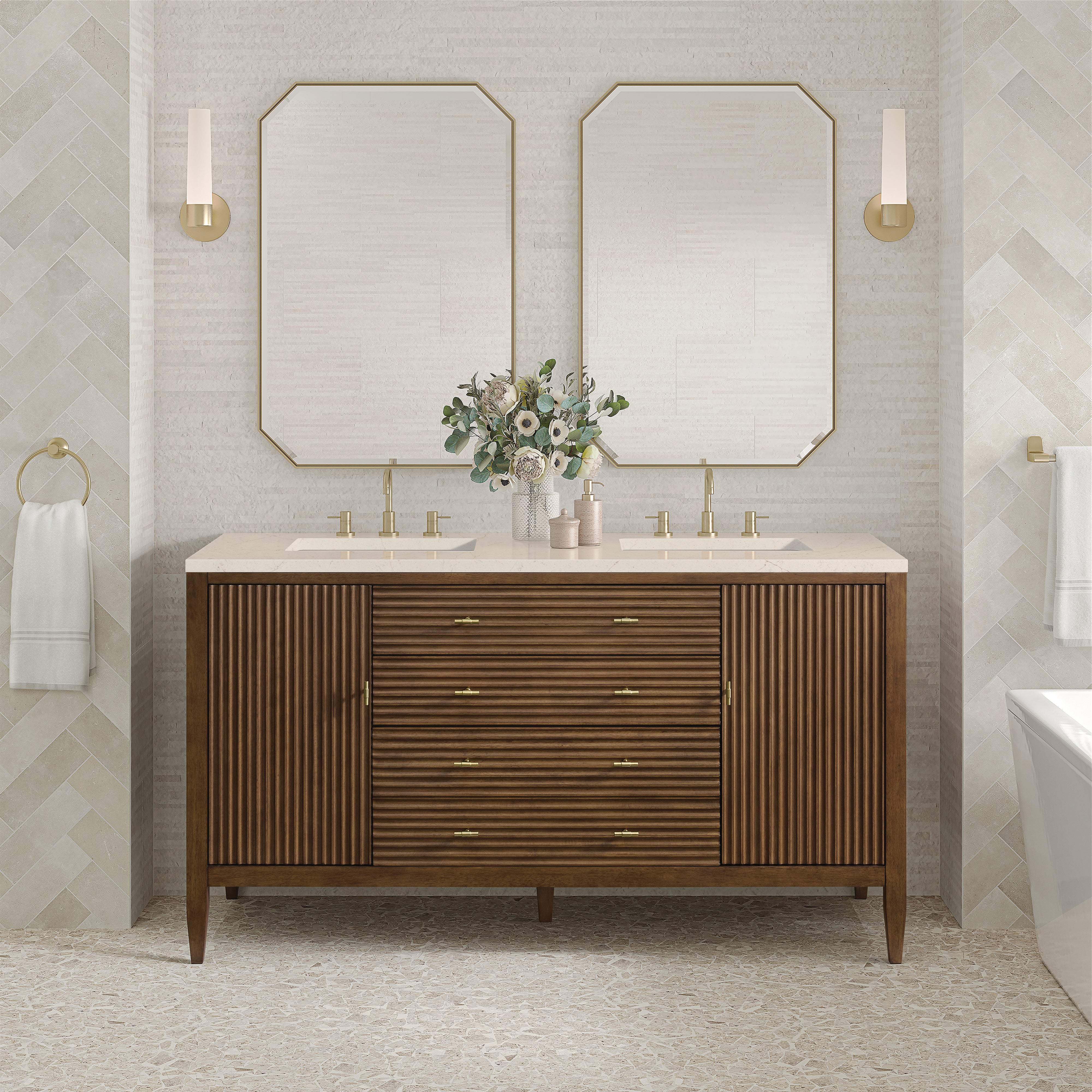 James Martin Myrrin 60" Double Vanity in Mid Century Walnut with 3cm Countertop