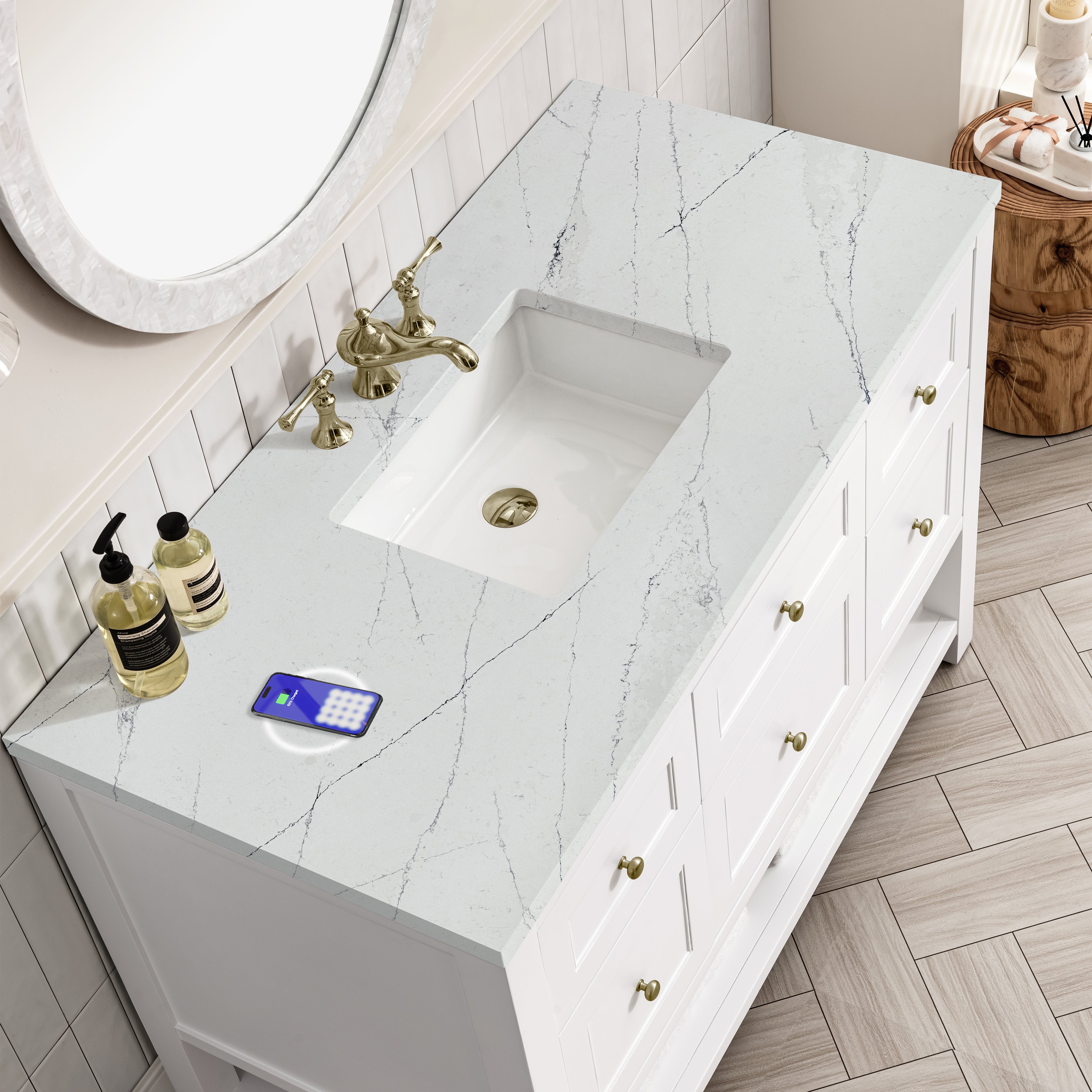 James Martin Breckenridge 48" Single Vanity in Bright White with 3cm Countertop and FreePower Wireless Charger