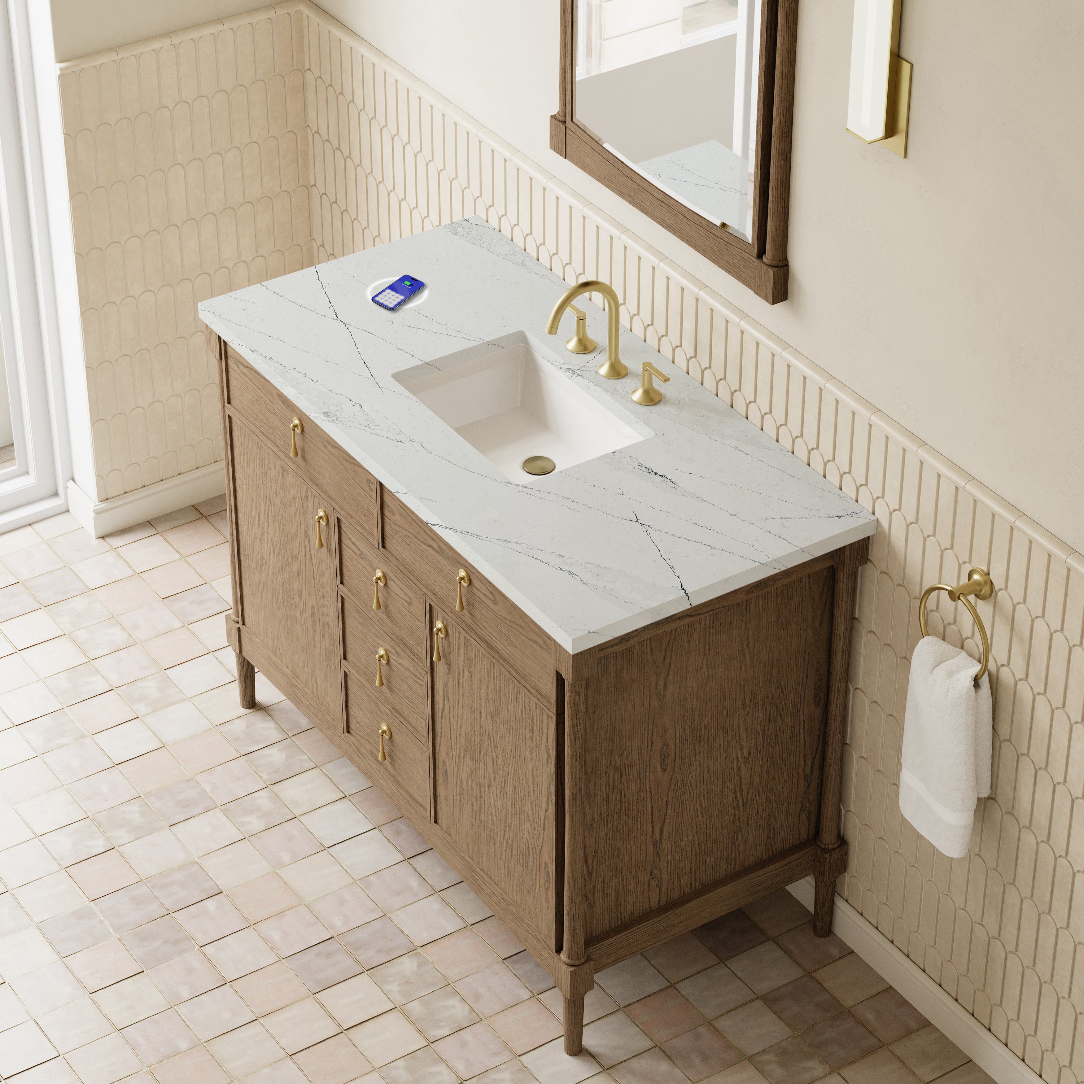 James Martin Kinnsden 48" Single Vanity in Weathered Oak with 3cm Countertop and FreePower Wireless Charger