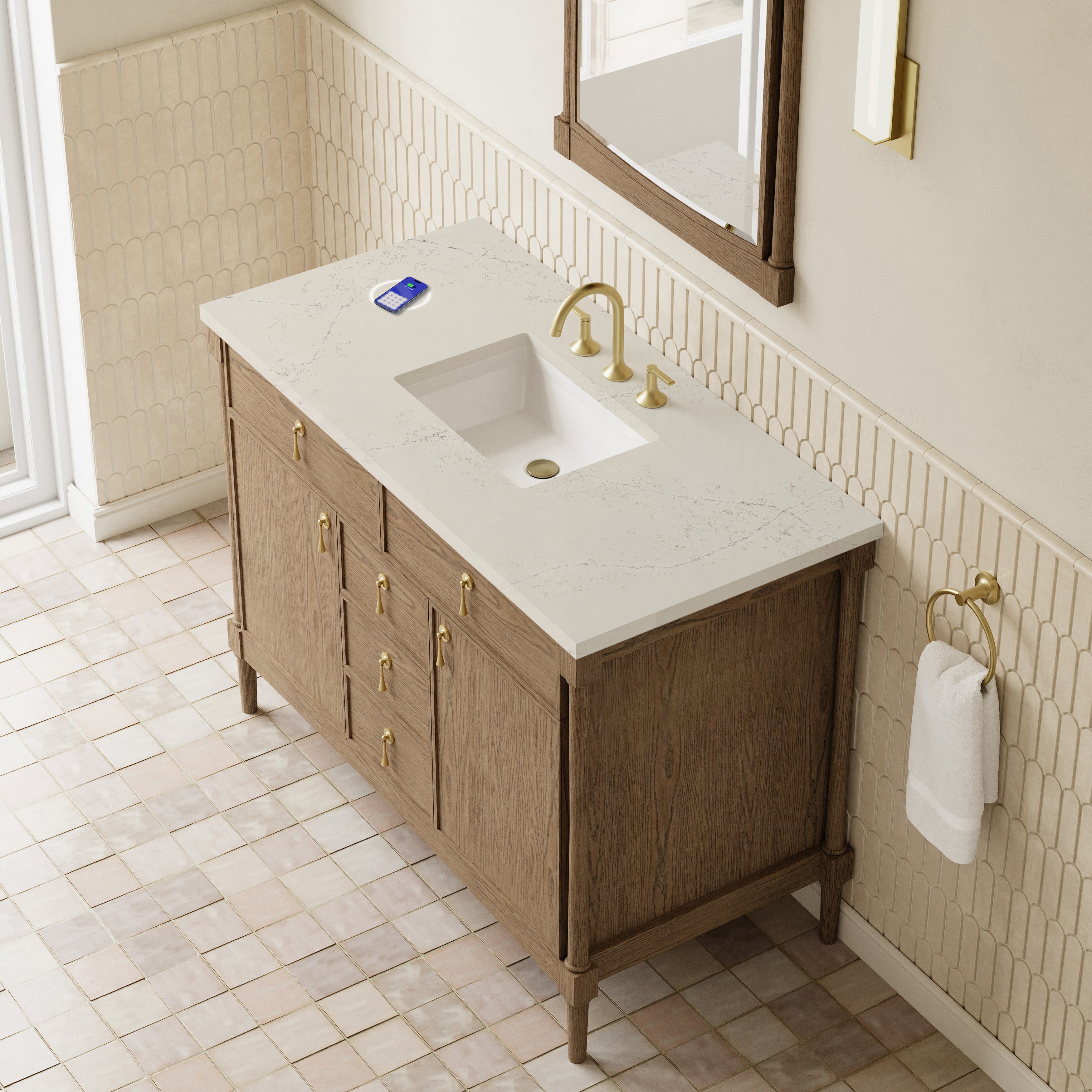 James Martin Kinnsden 48" Single Vanity in Weathered Oak with 3cm Countertop and FreePower Wireless Charger