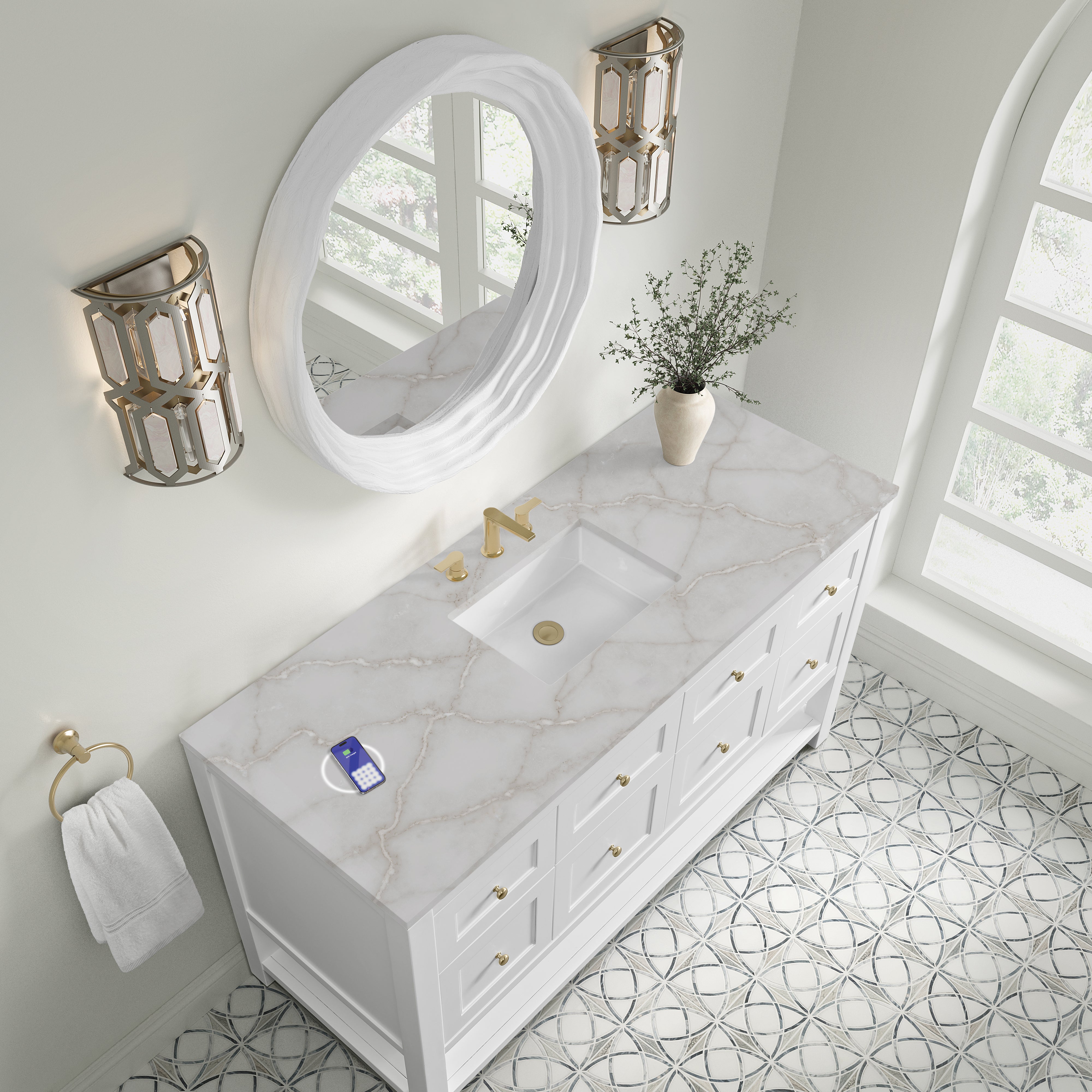James Martin Breckenridge 60" Single Vanity in Bright White with 3cm Countertop and FreePower Wireless Charger