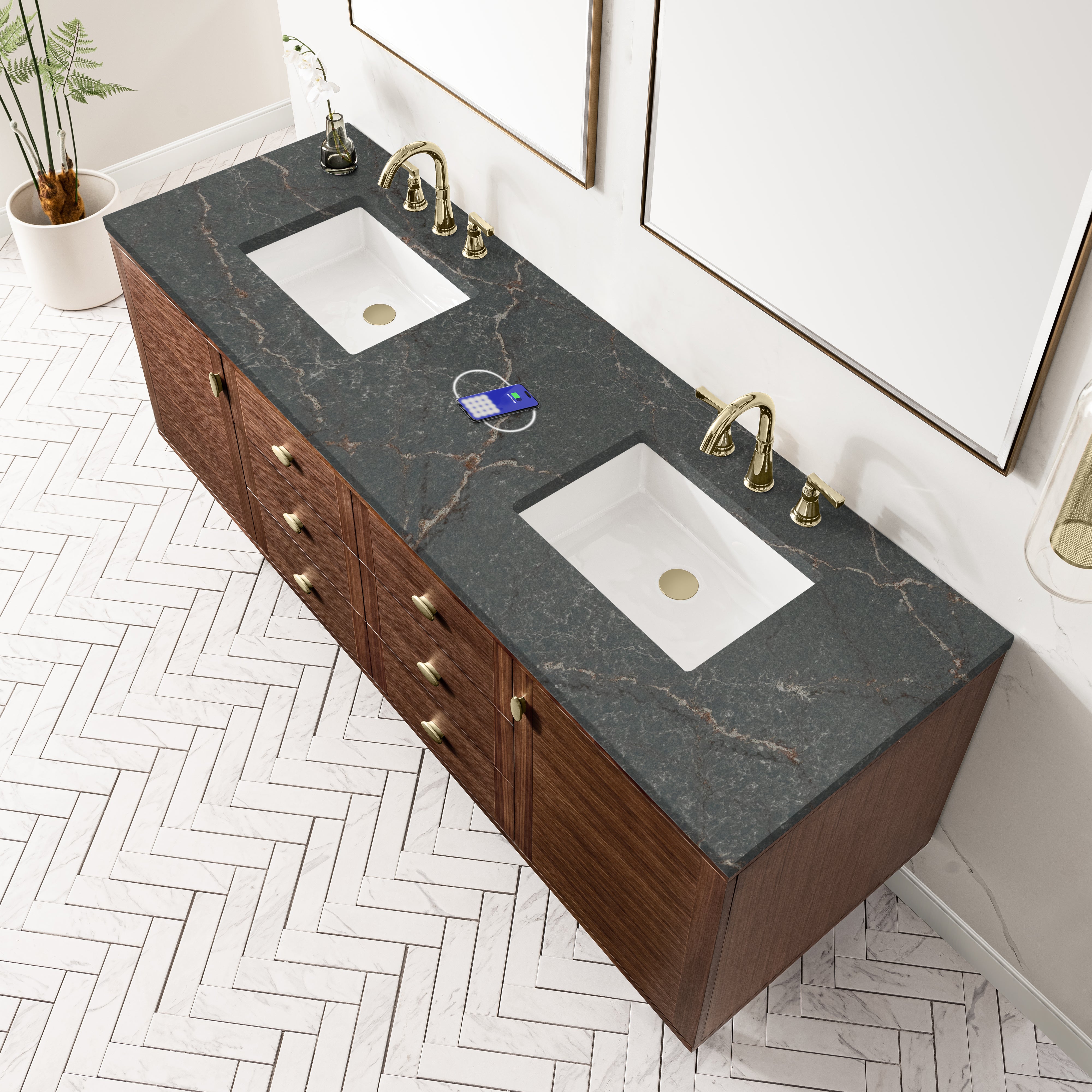 James Martin Amberly 72" Double Vanity in Mid-Century Walnut with 3cm Countertop and FreePower Wireless Charger