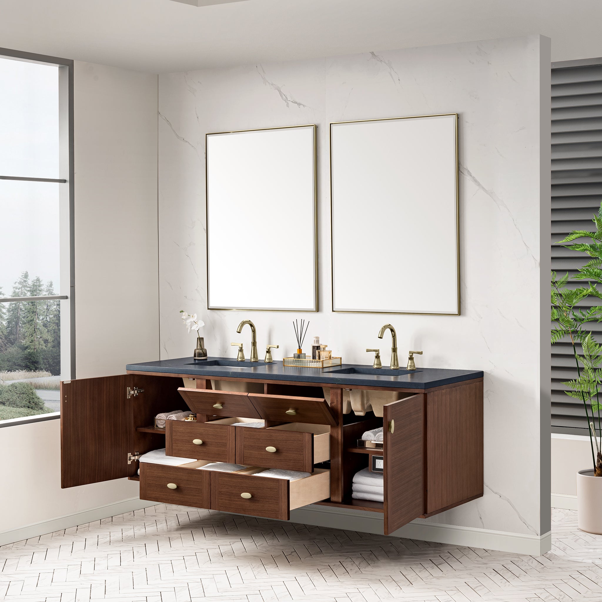 James Martin Amberly 72" Double Vanity in Mid-Century Walnut with 3cm Countertop
