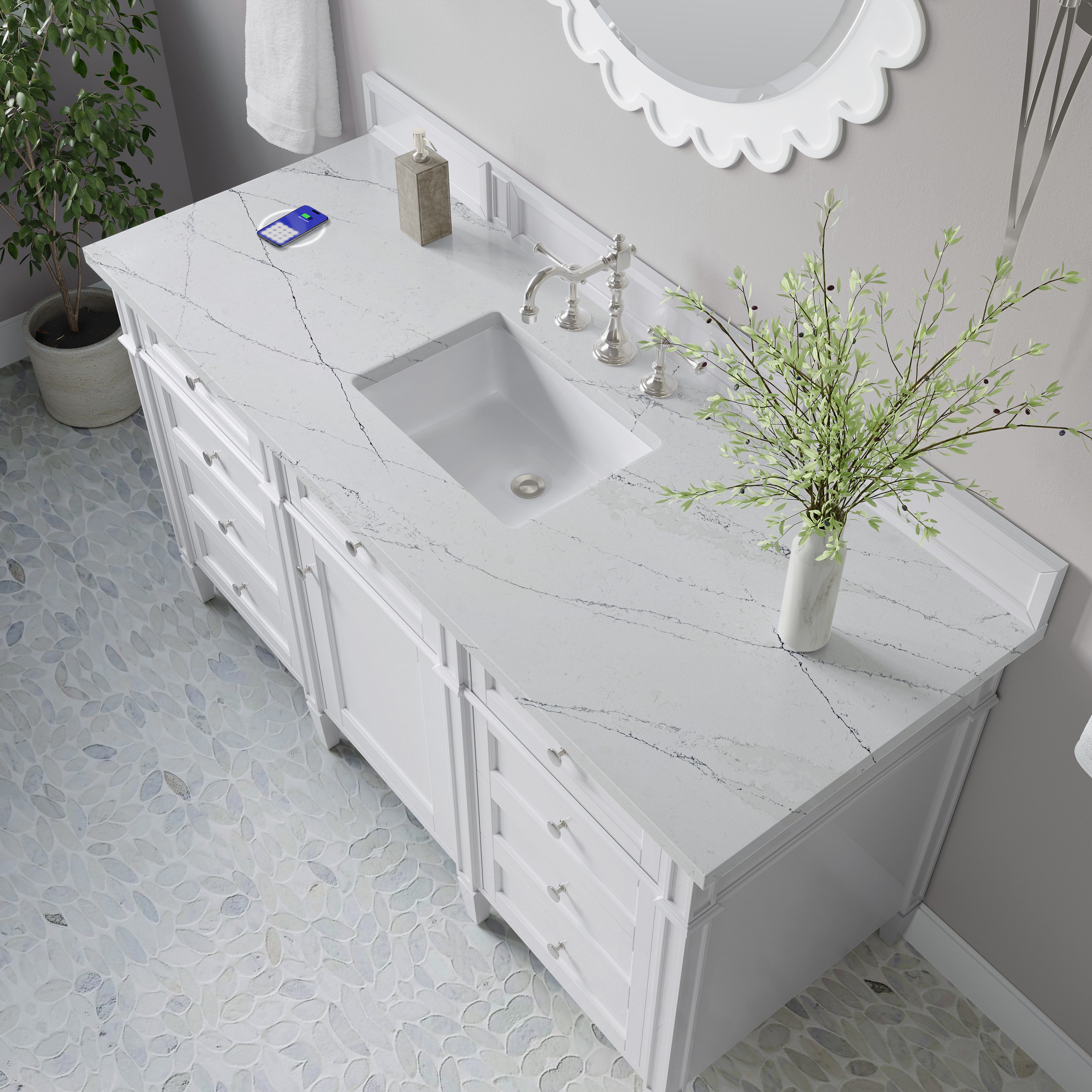 James Martin Brittany 60" Single Vanity in Bright White with 3cm Countertop and FreePower Wireless Charger