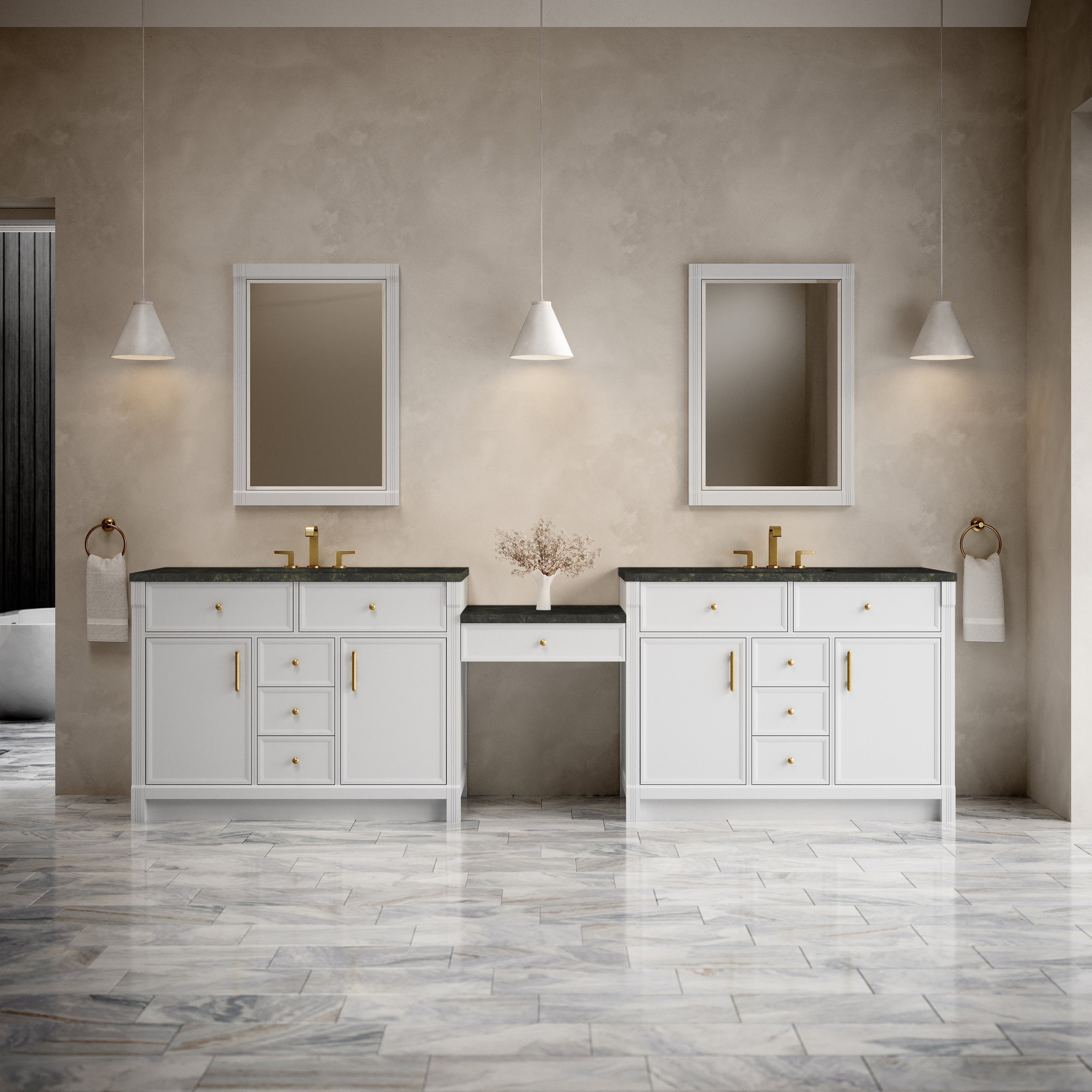 James Martin Bellshire 120" Dual Vanity Set with 24" Make-Up Counter in Bright White with 3cm Countertop