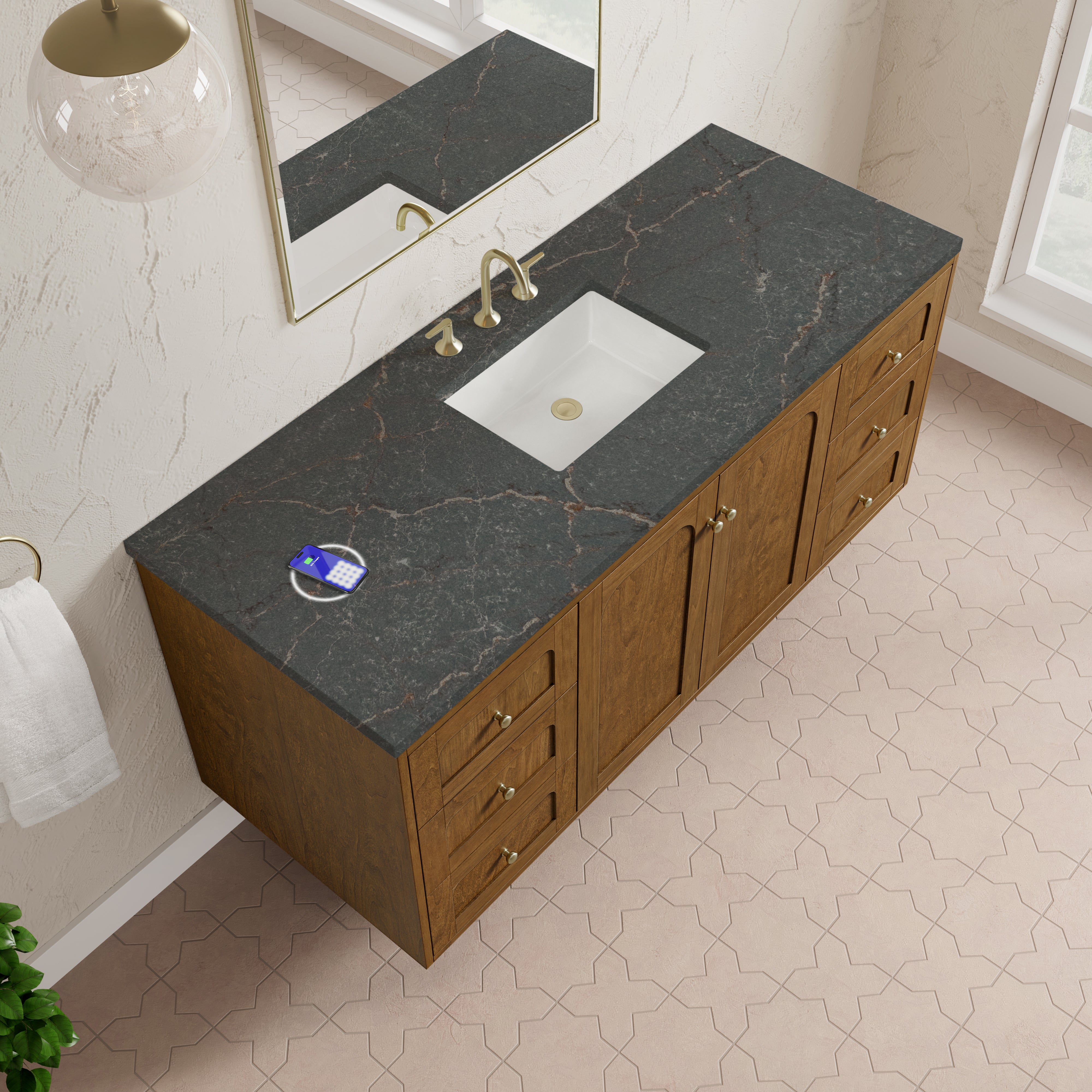 James Martin Laurent 60" Single Vanity in Honey Oak with 3cm Countertop and FreePower Wireless Charger