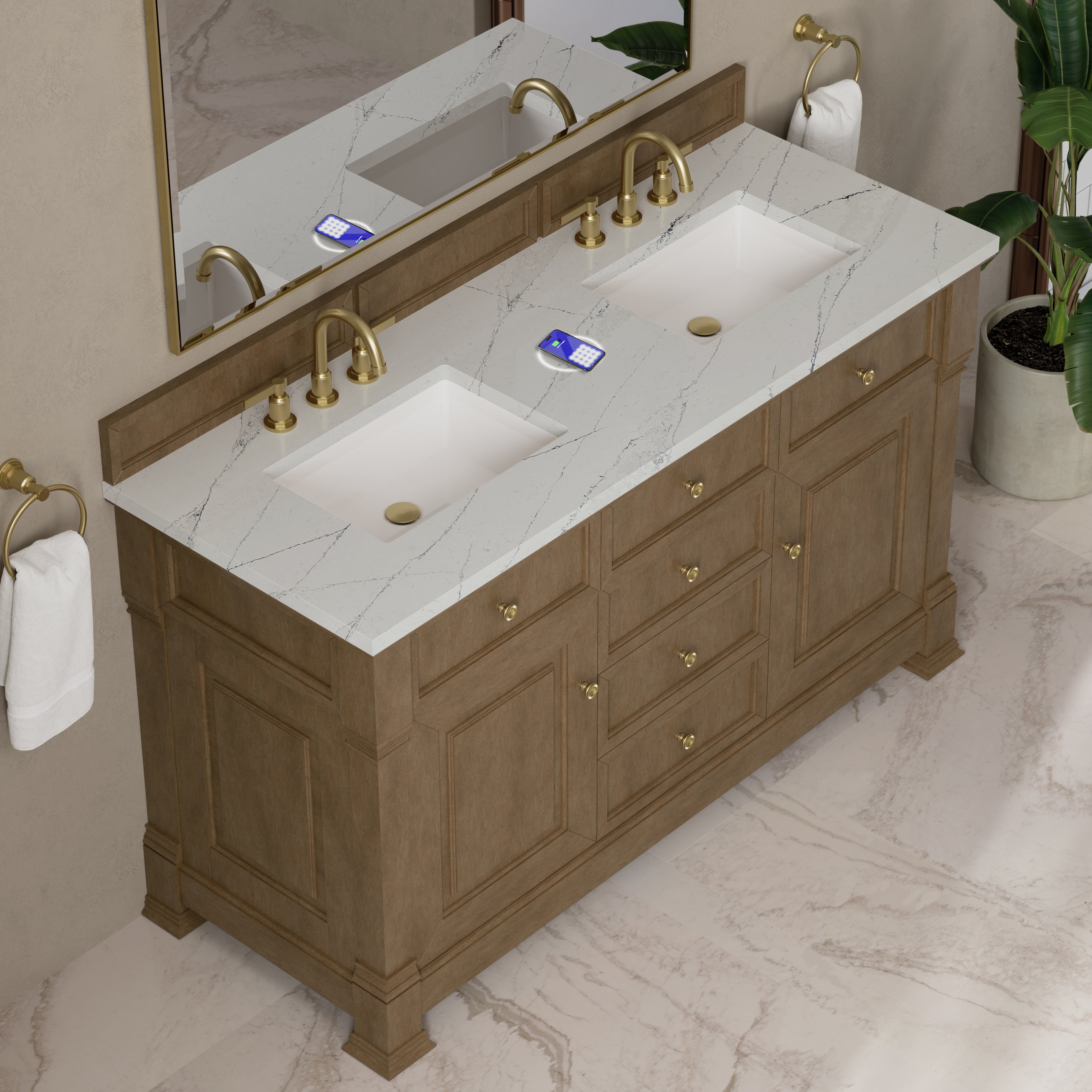 James Martin Brookfield 60" Double Vanity in Pecan with 3cm Countertop and FreePower Wireless Charger