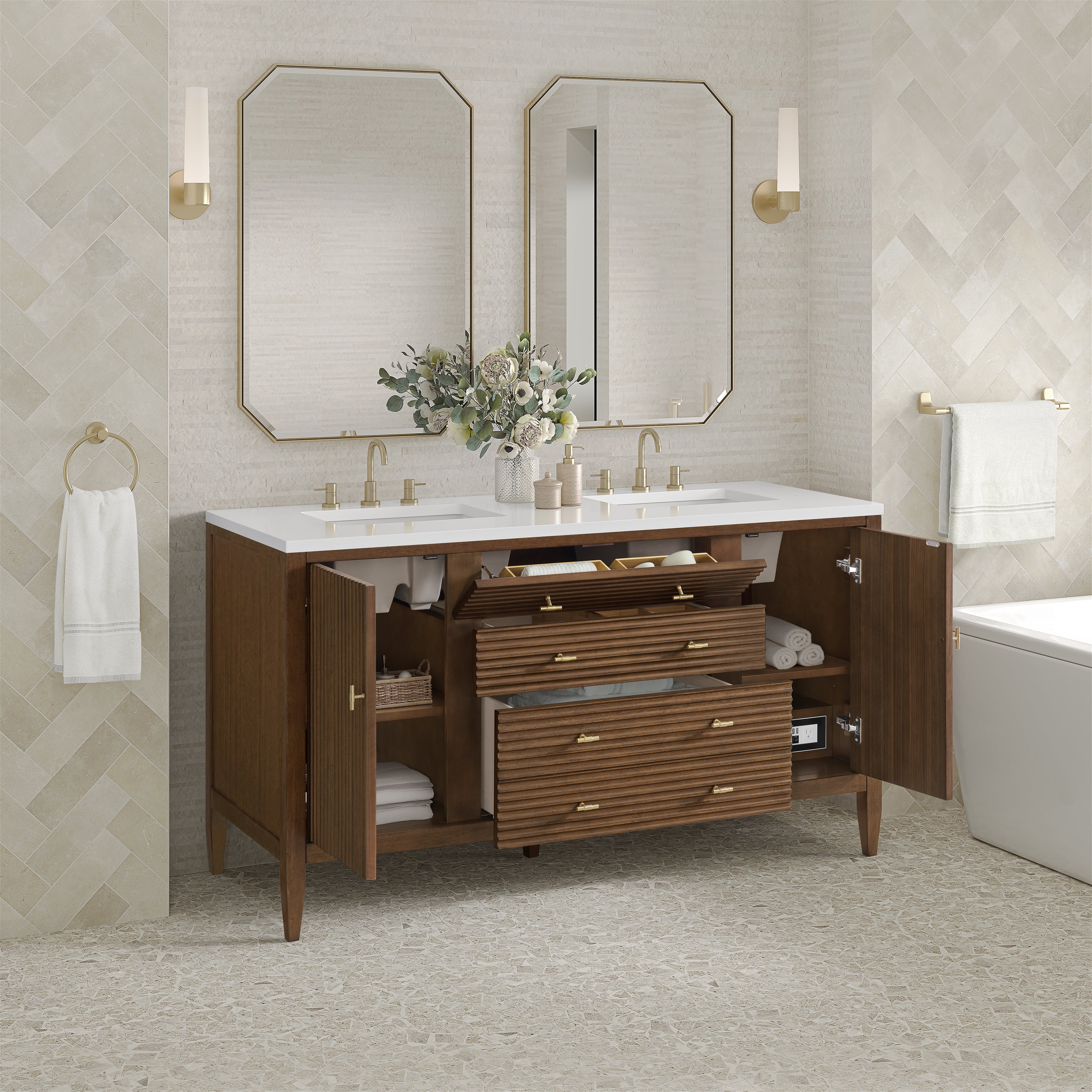 James Martin Myrrin 60" Double Vanity in Mid Century Walnut with 3cm Countertop