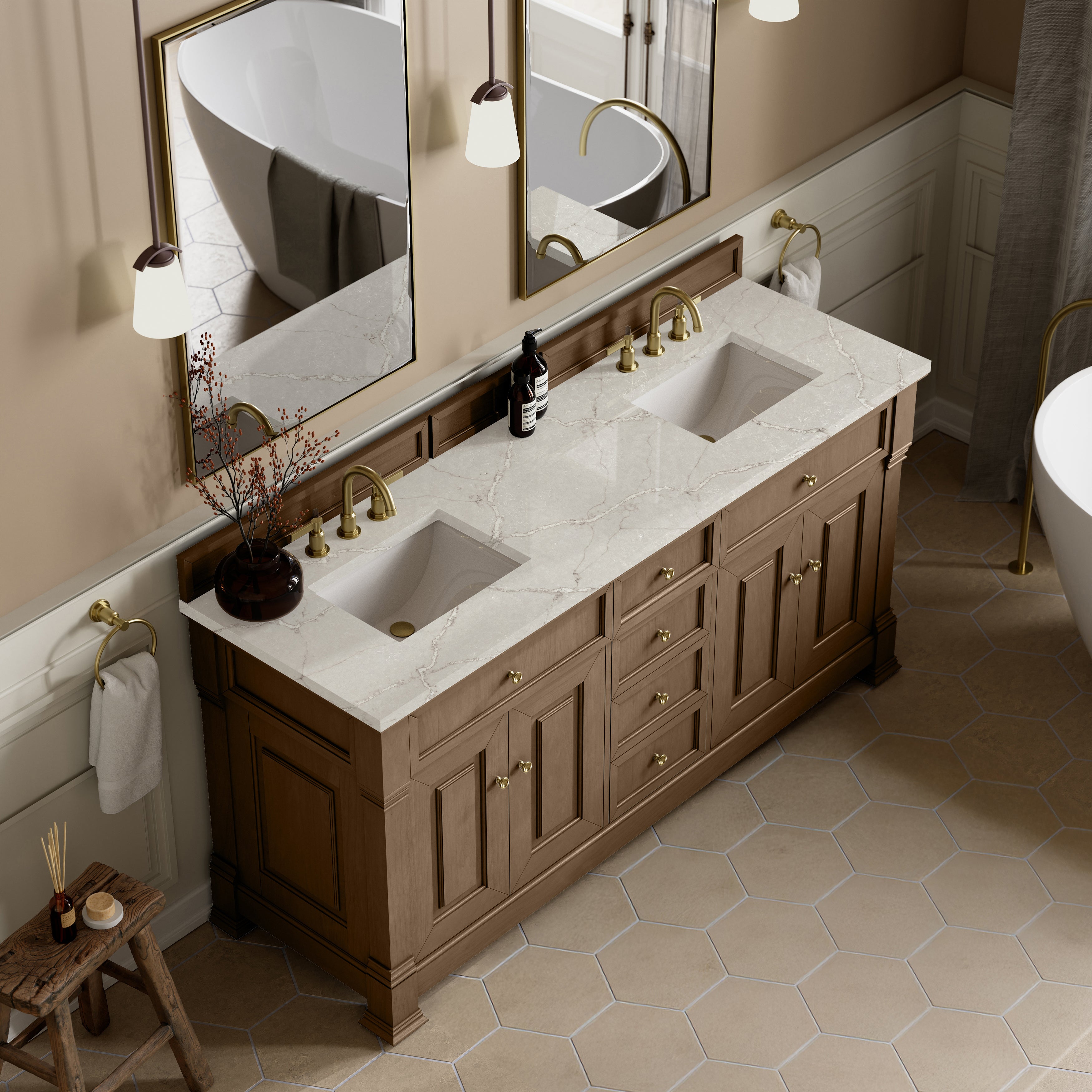 James Martin Brookfield 72" Double Vanity in Pecan with 3cm Countertop