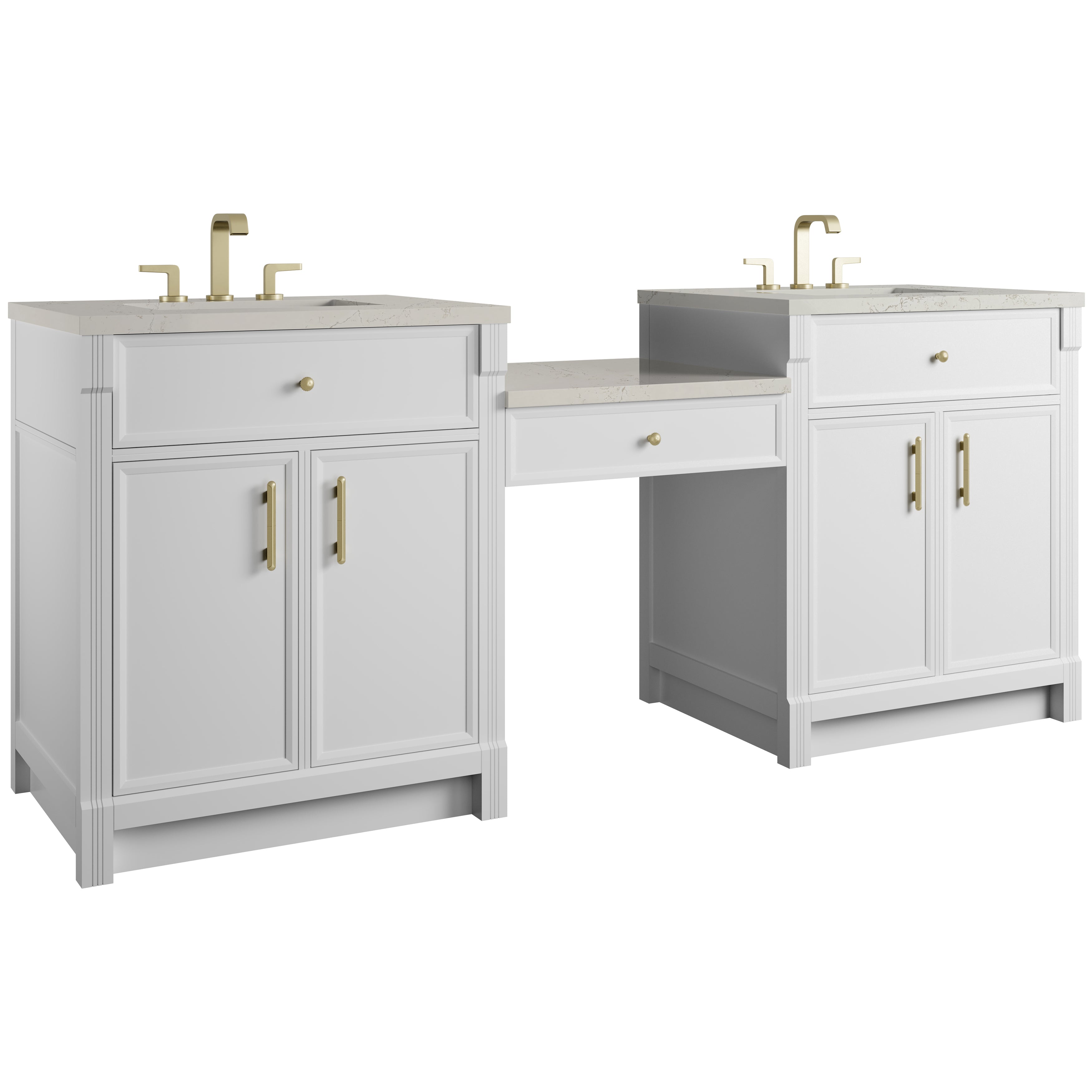 James Martin Bellshire 84" Dual Vanity Set with 24" Make-Up Counter in Bright White with 3cm Countertop