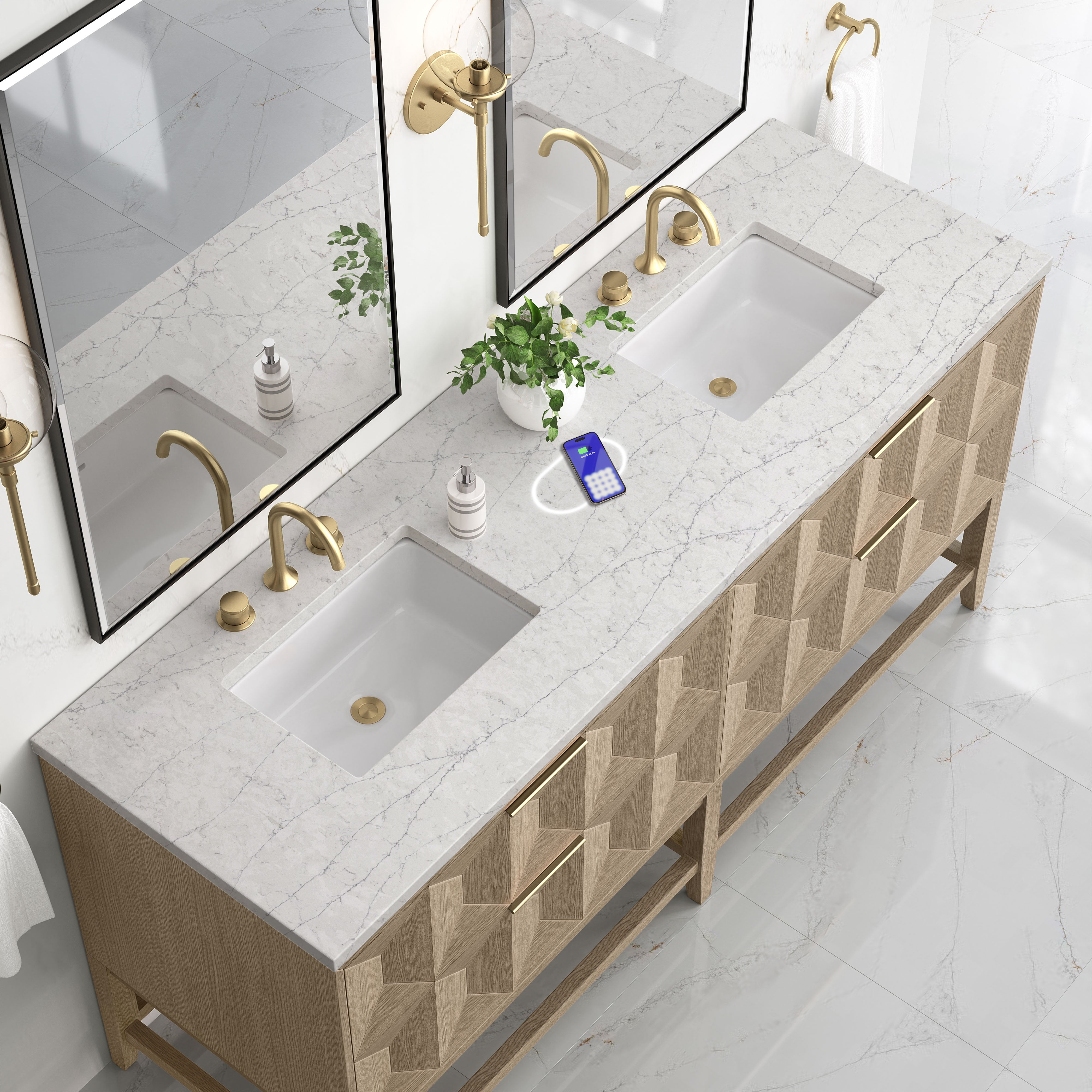 James Martin Emmeline 72" Double Vanity in Pebble Oak with 3cm Countertop and FreePower Wireless Charger