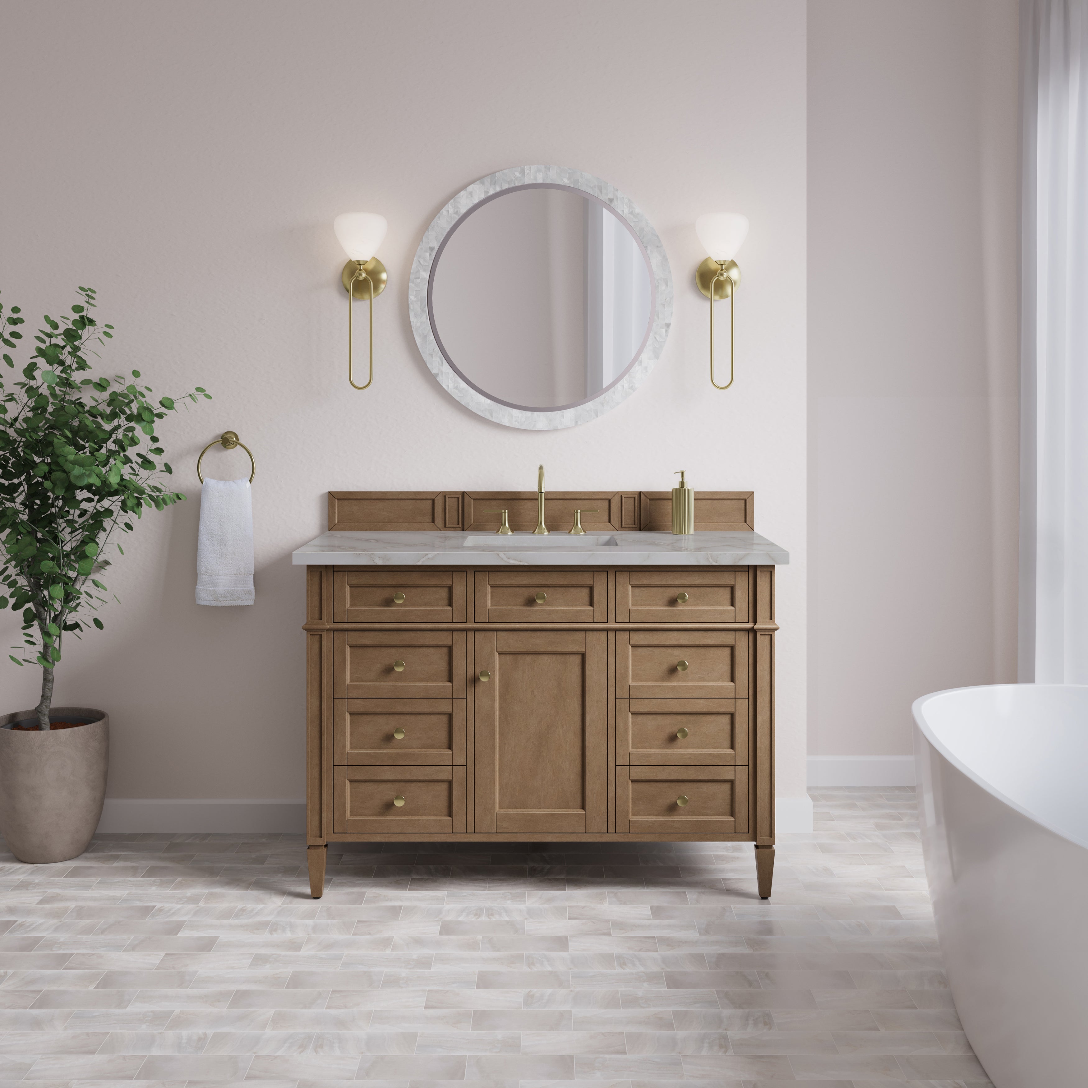 James Martin Brittany 48" Single Vanity in Pecan with 3cm Countertop and FreePower Wireless Charger