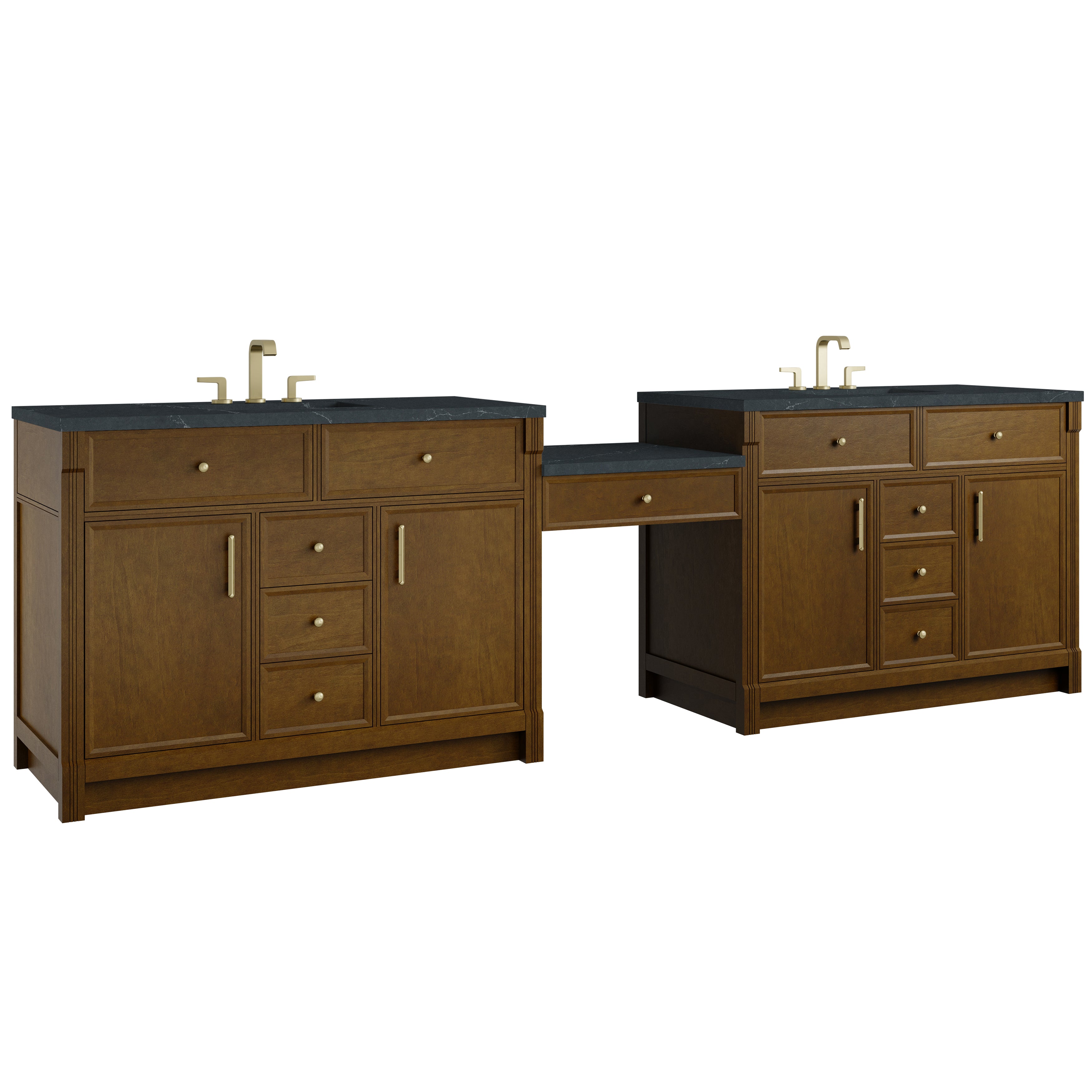 James Martin Bellshire 120" Dual Vanity Set with 24" Make-Up Counter in Honey Oak with 3cm Countertop