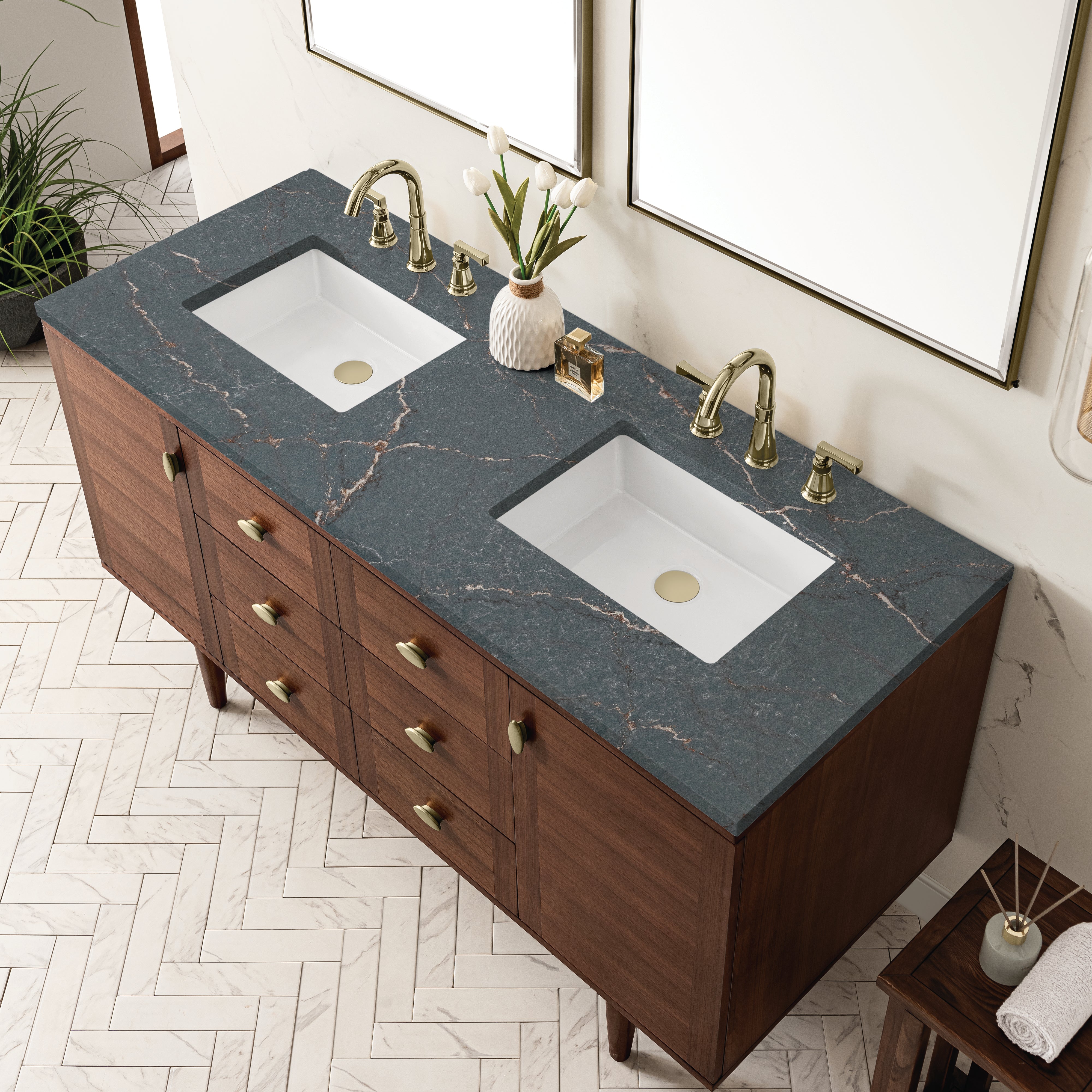 James Martin Amberly 60" Double Vanity in Mid-Century Walnut with 3cm Countertop