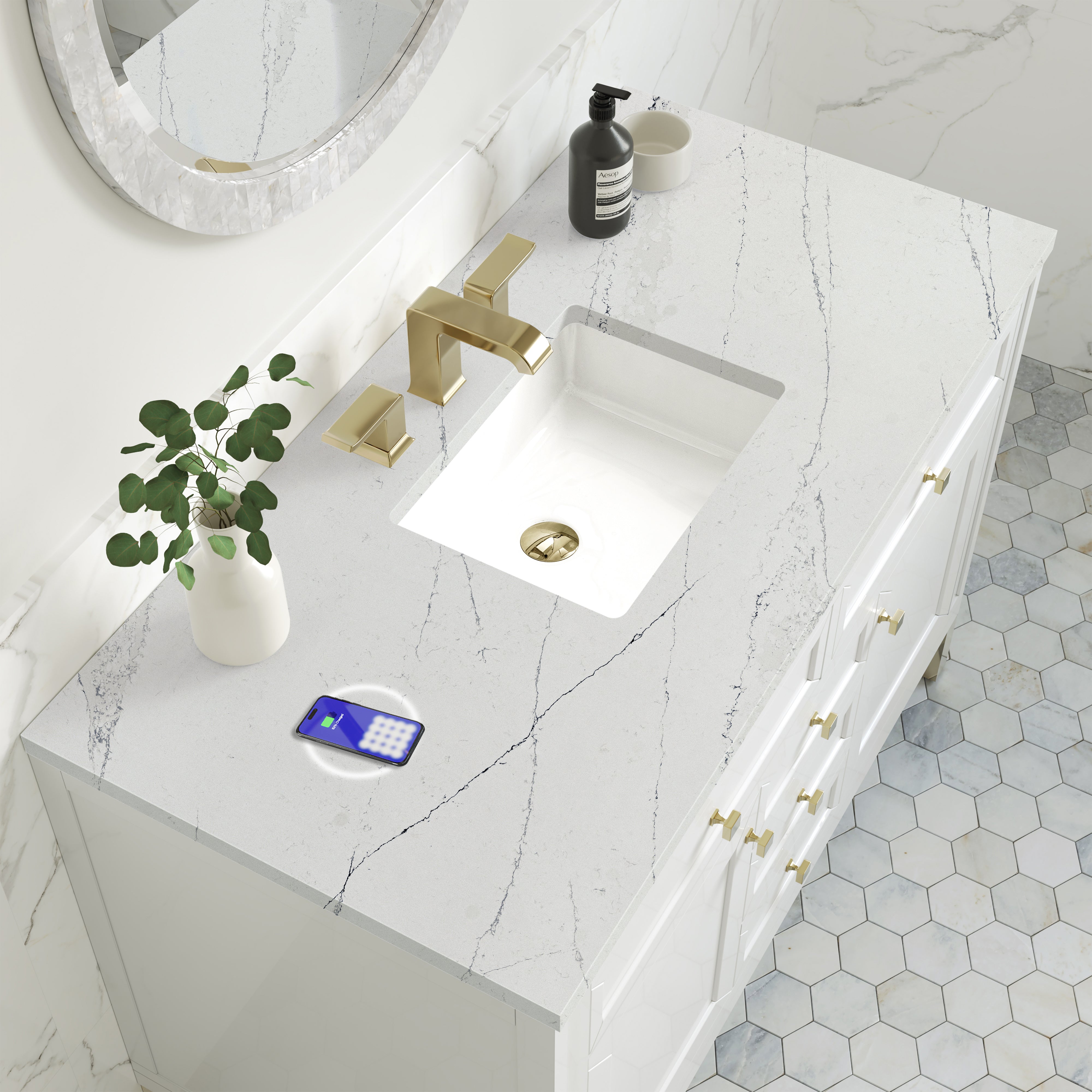 James Martin Chicago 48" Single Vanity in Glossy White with 3cm Countertop and FreePower Wireless Charger