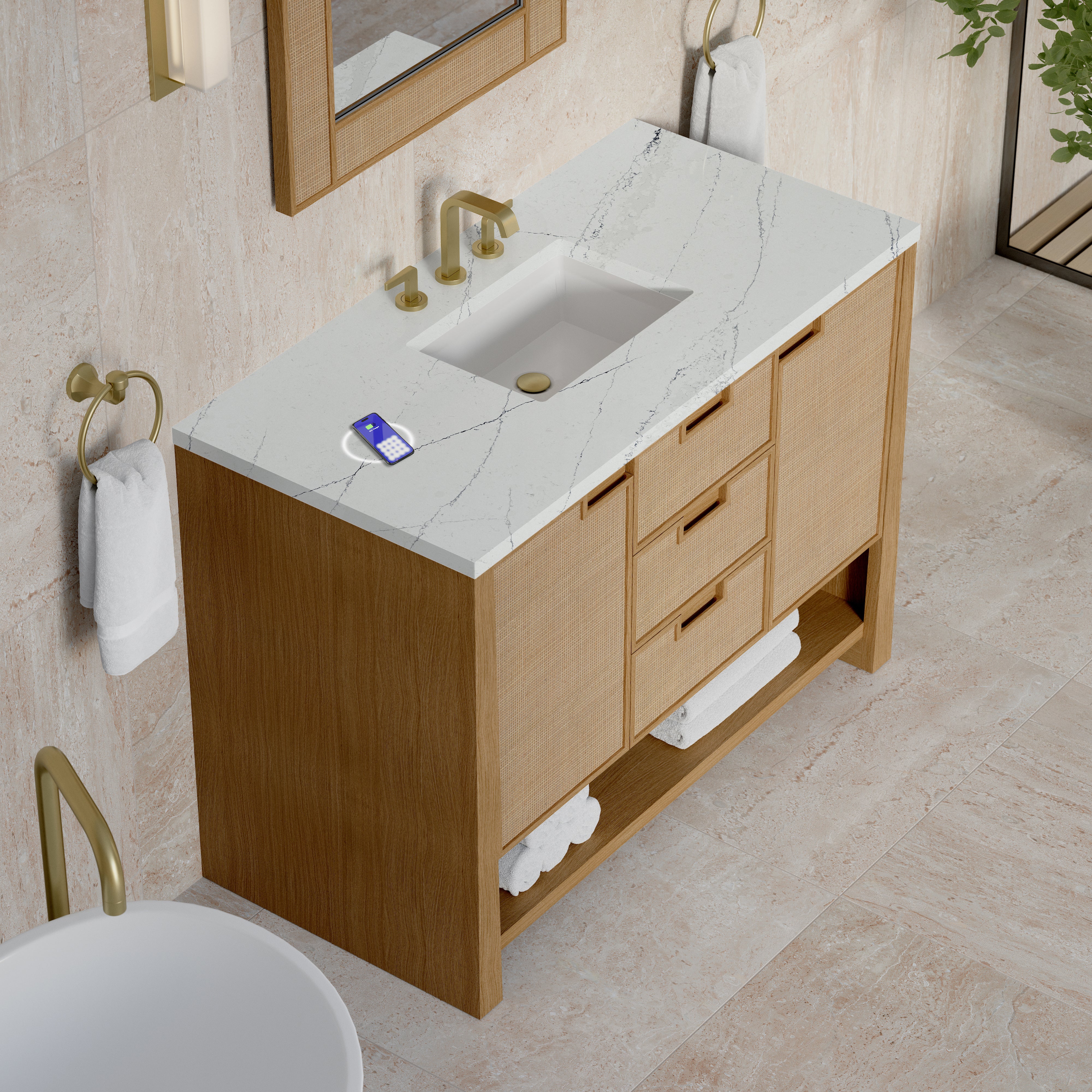 James Martin Solene 48" Single Vanity in Seaside Oak with 3cm Countertop and FreePower Wireless Charger