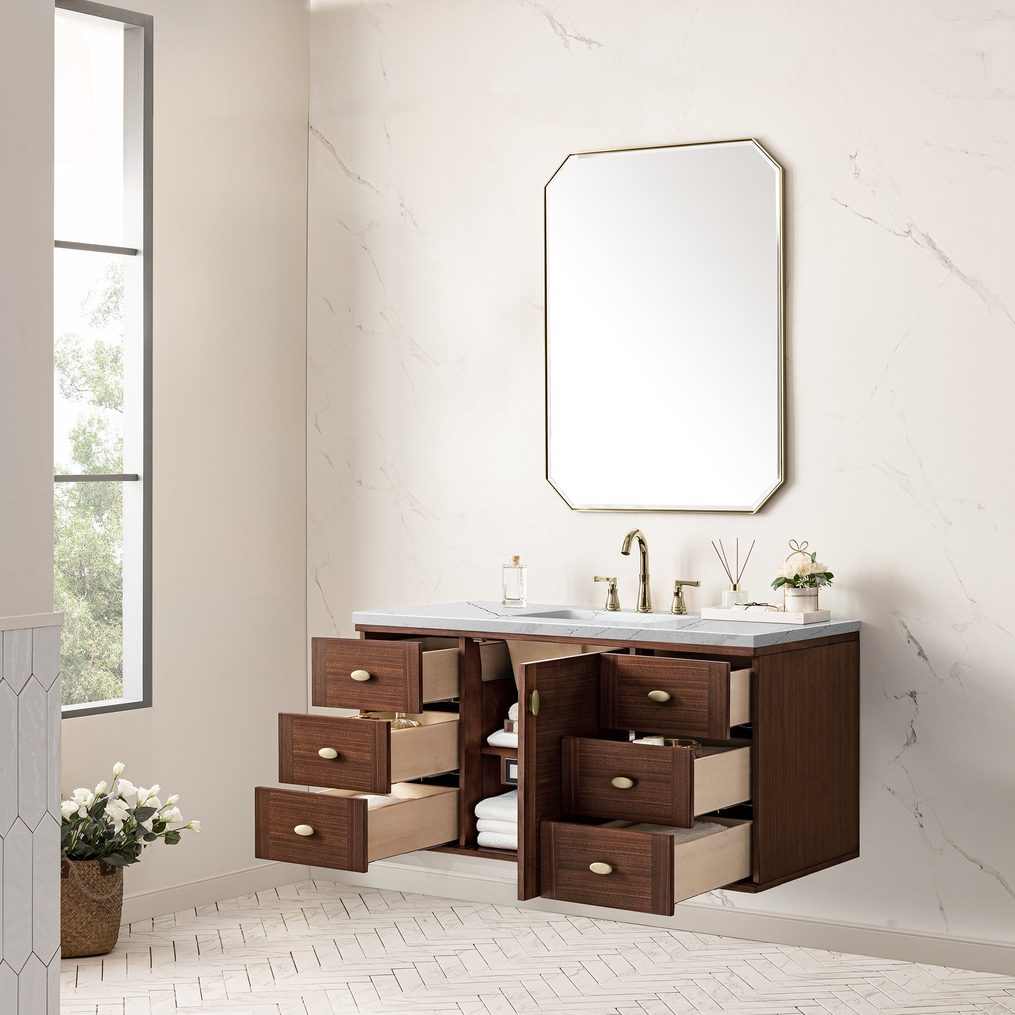James Martin Amberly 48" Single Vanity in Mid-Century Walnut with 3cm Countertop and FreePower Wireless Charger
