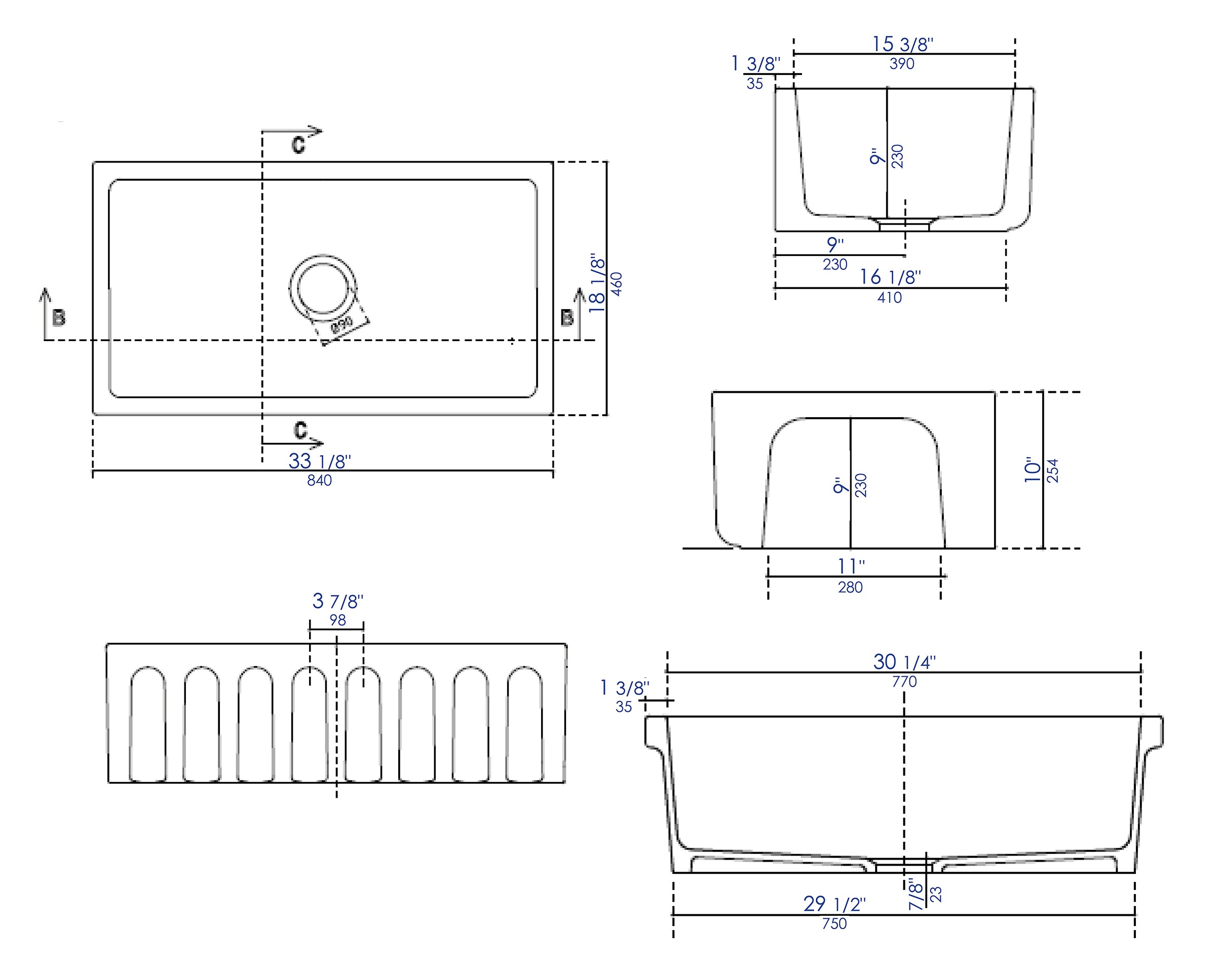 ALFI brand AB3318HS 33" x 18" Reversible Fluted / Smooth Fireclay Farm Sink