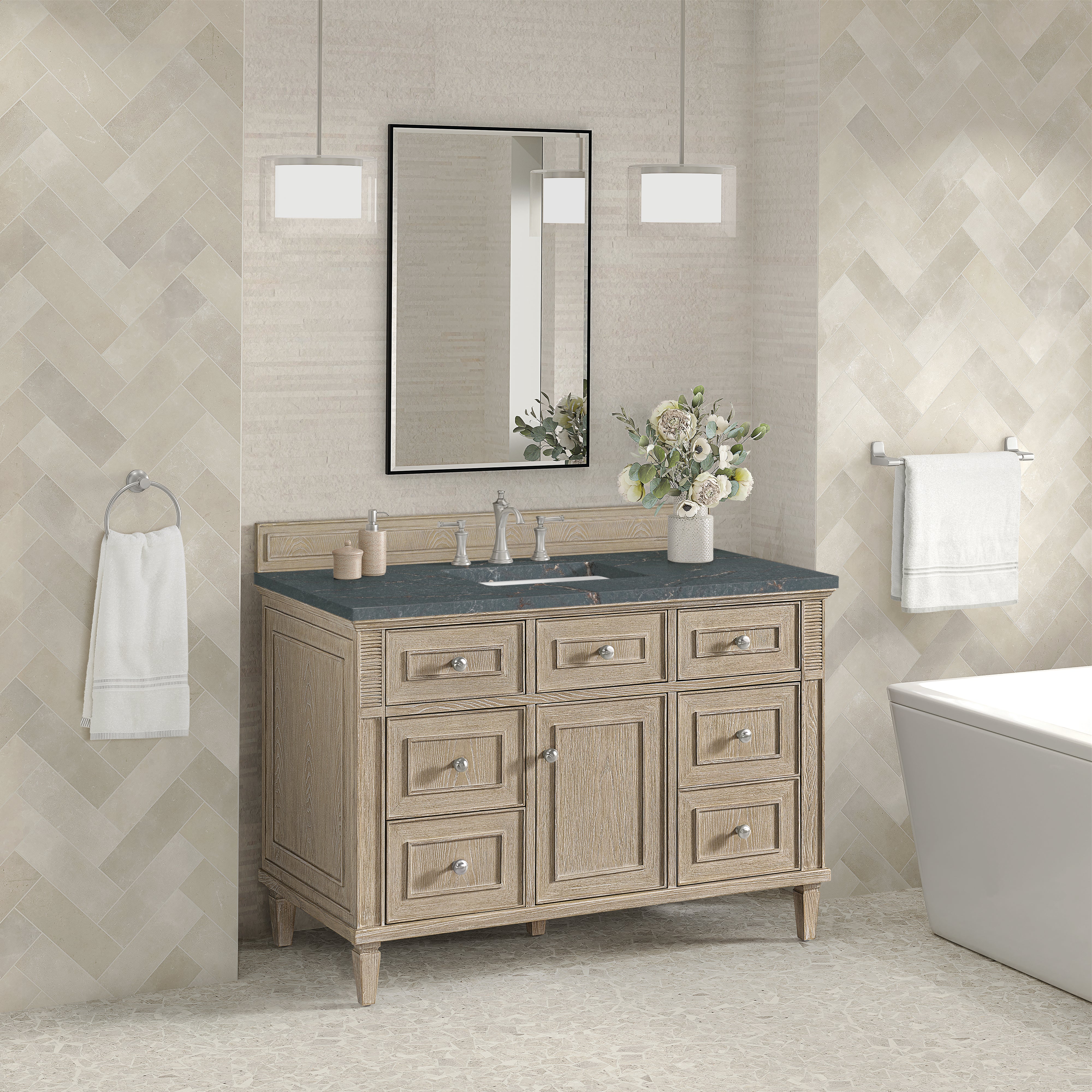 James Martin Lorelai 48" Single Vanity in Whitewashed Oak with 3cm Countertop and FreePower Wireless Charger