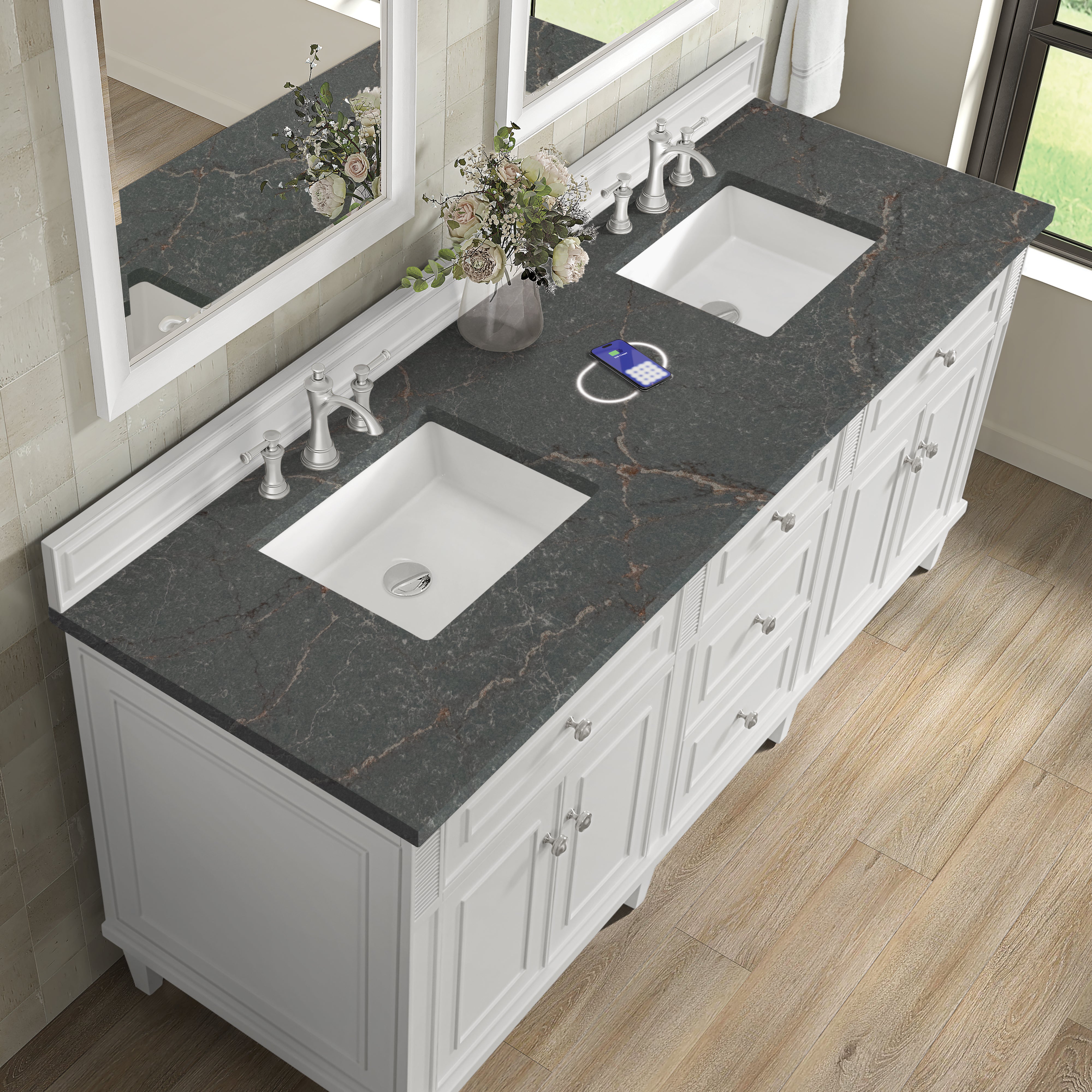 James Martin Lorelai 72" Double Vanity in Bright White with 3cm Countertop and FreePower Wireless Charger