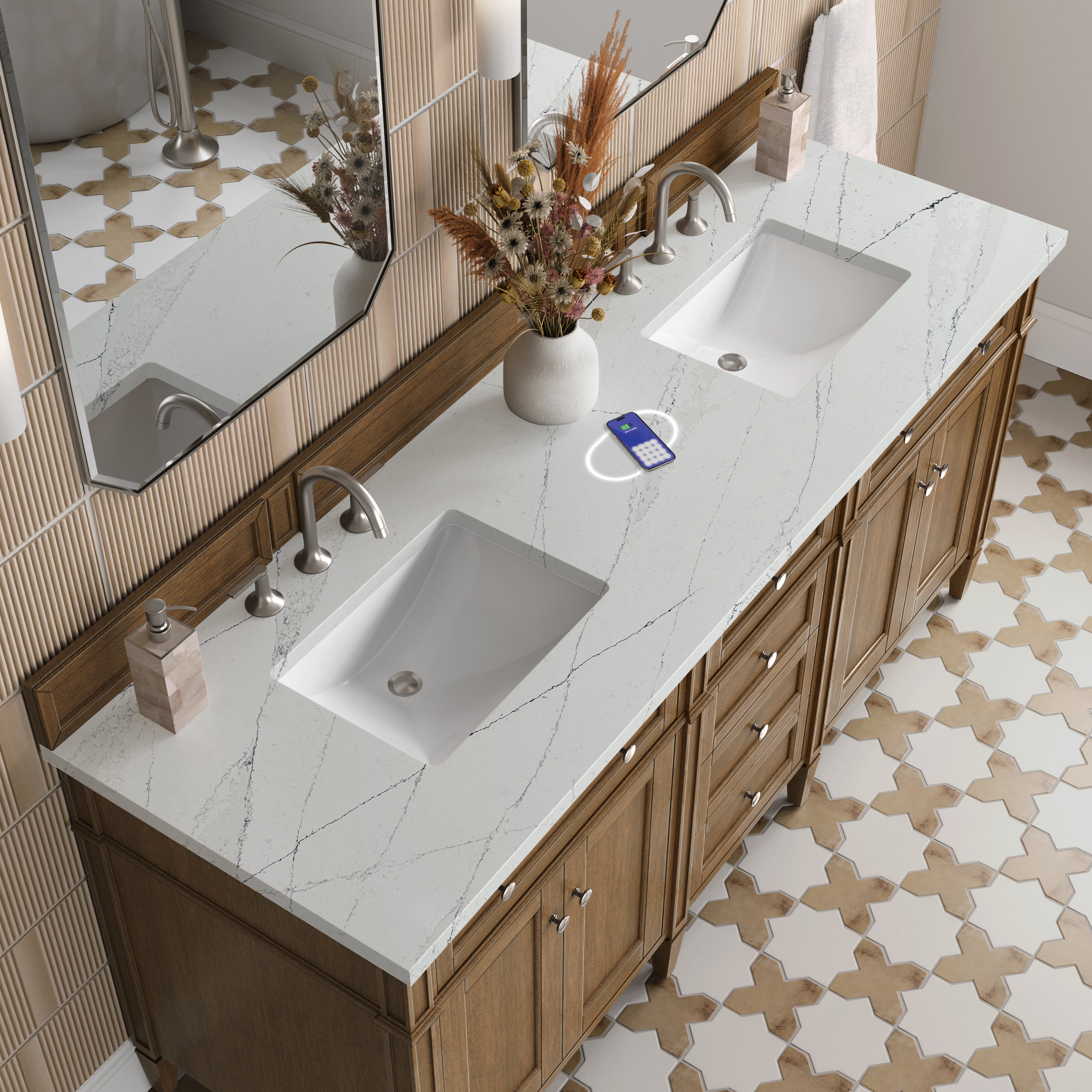 James Martin Brittany 72" Double Vanity in Saddle Brown with 3cm Countertop and FreePower Wireless Charger