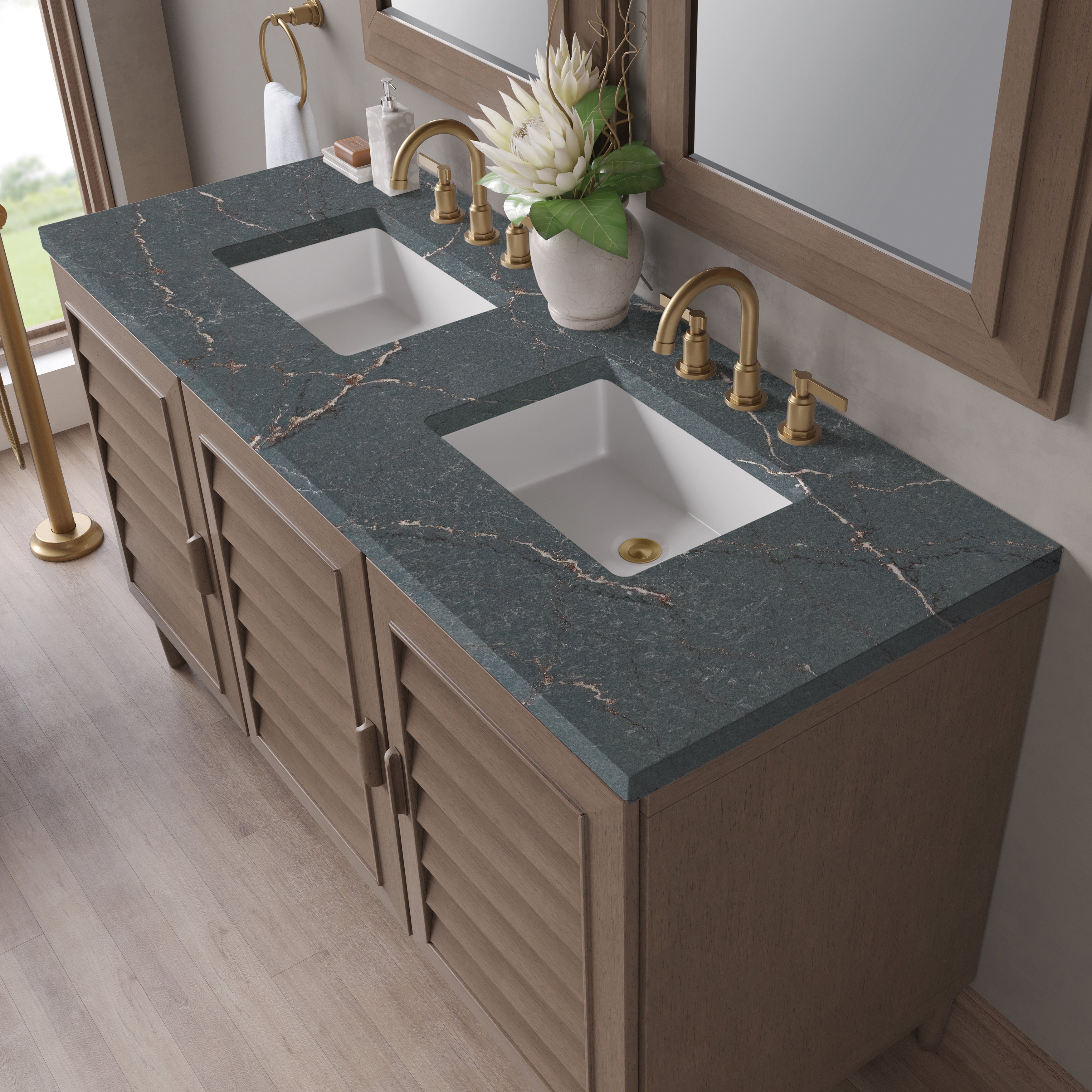 James Martin Portland 60" Double Vanity in Whitewashed Walnut with 3cm Countertop
