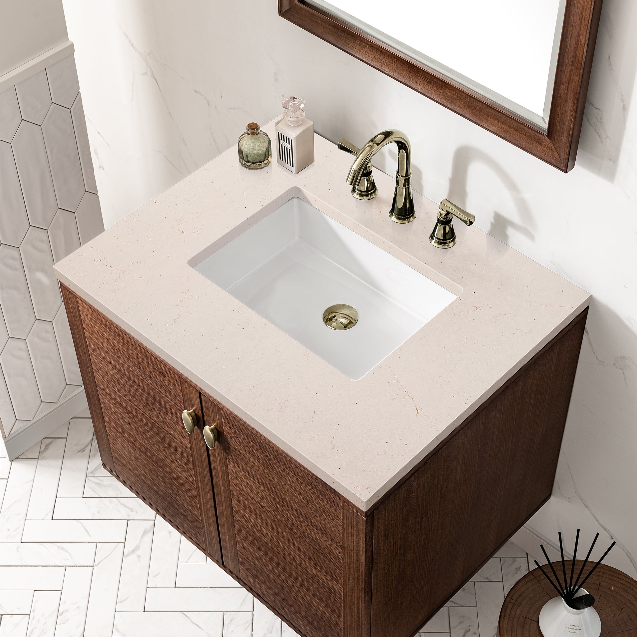 James Martin Amberly 30" Single Vanity in Mid-Century Walnut with 3cm Countertop