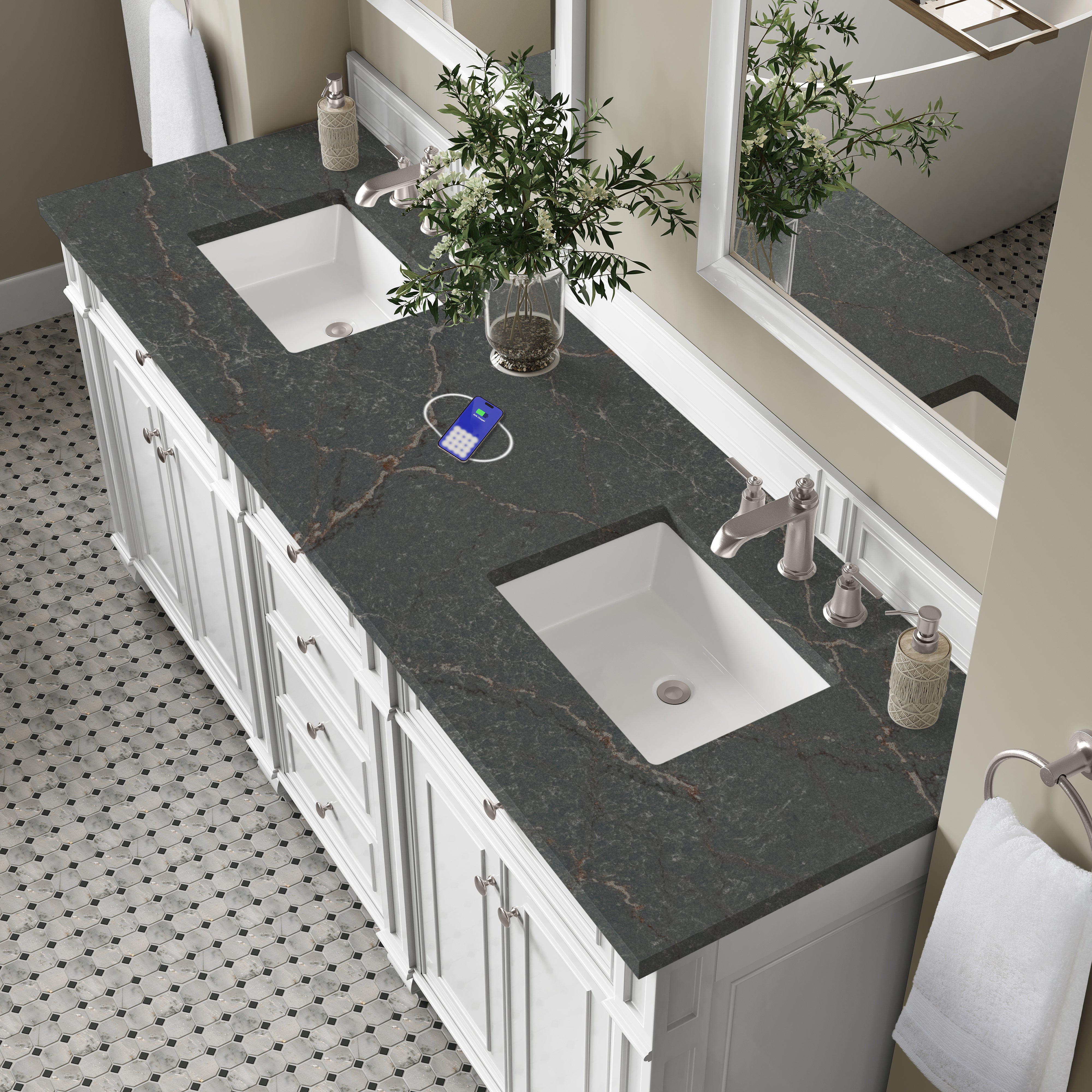 James Martin Bristol 72" Double Vanity in Bright White with 3cm Countertop and FreePower Wireless Charger