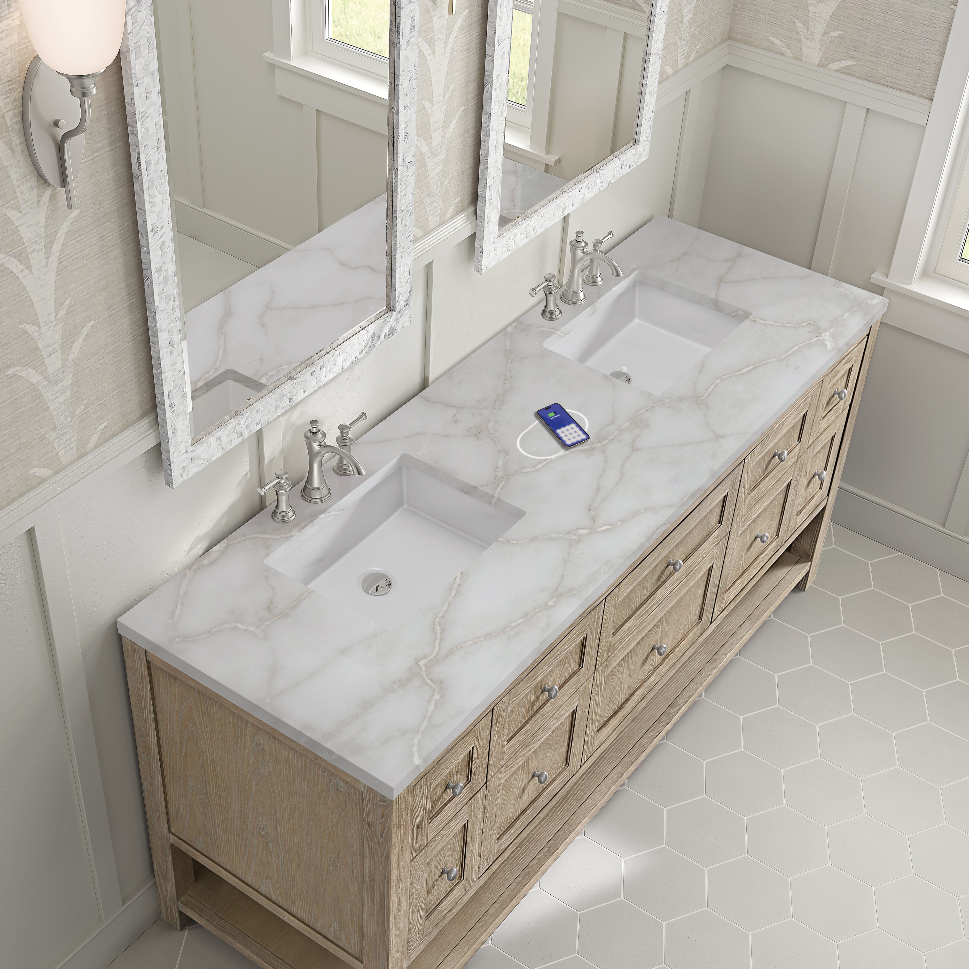 James Martin Breckenridge 72" Double Vanity in Whitewashed Oak with 3cm Countertop and FreePower Wireless Charger