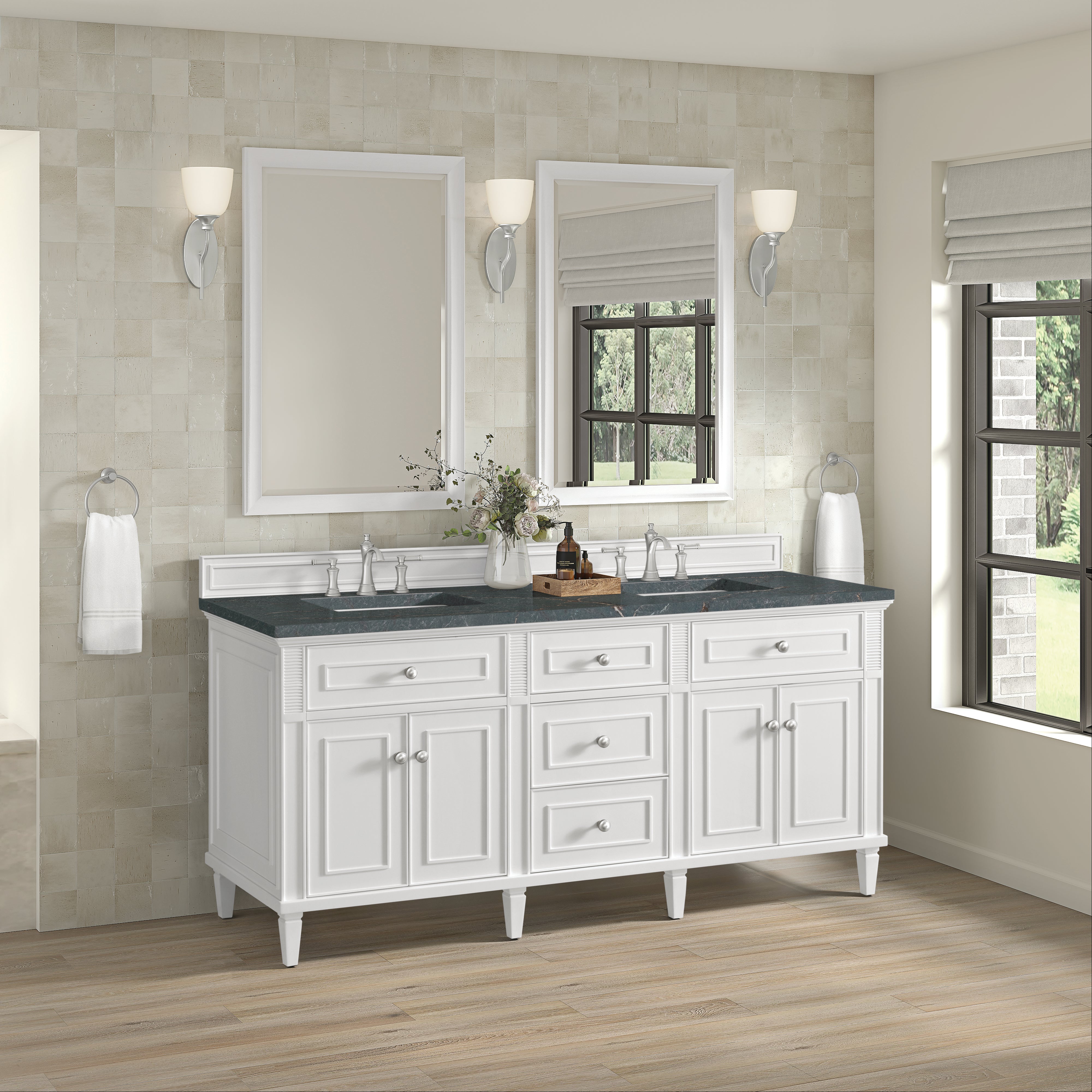 James Martin Lorelai 72" Double Vanity in Bright White with 3cm Countertop and FreePower Wireless Charger