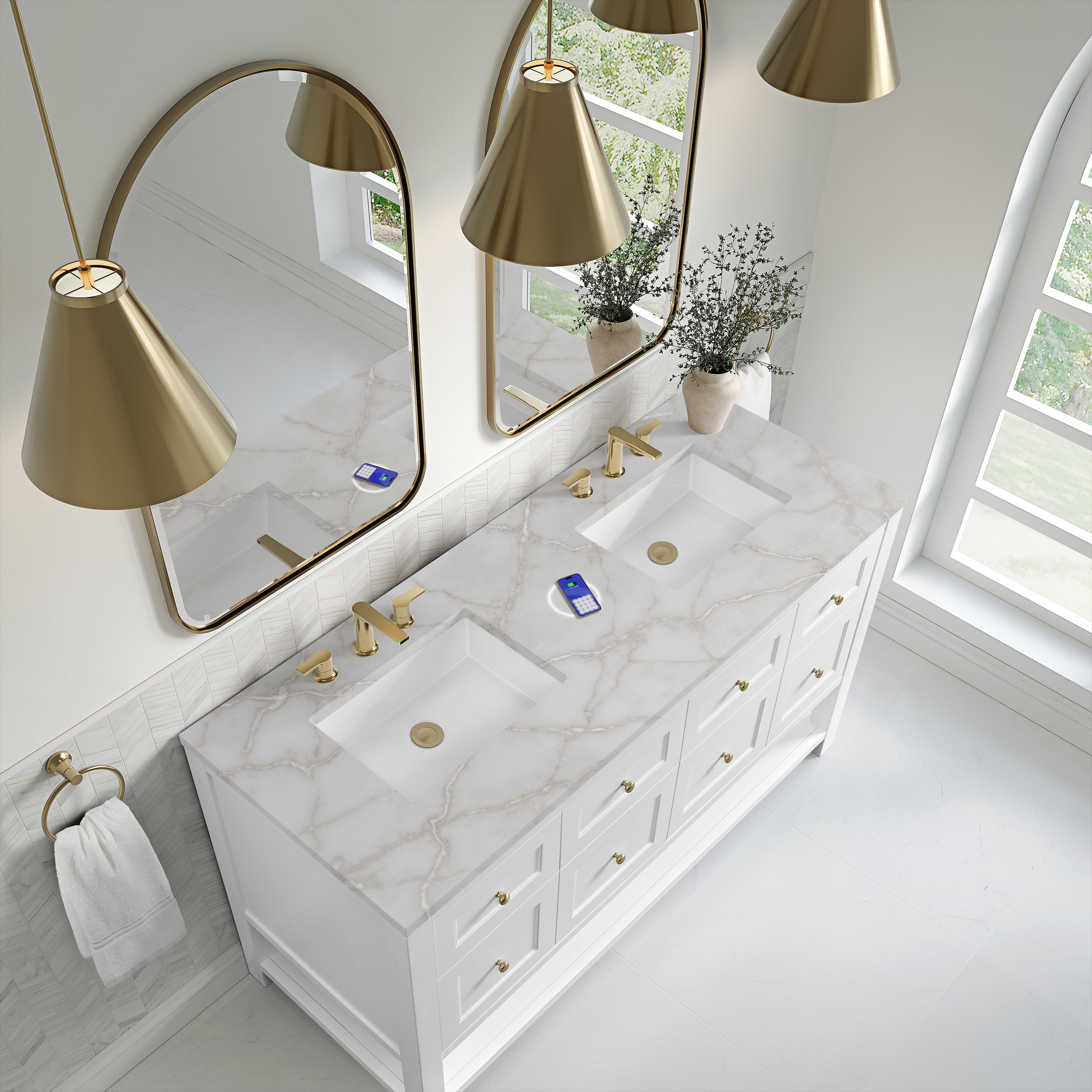 James Martin Breckenridge 60" Double Vanity in Bright White with 3cm Countertop and FreePower Wireless Charger