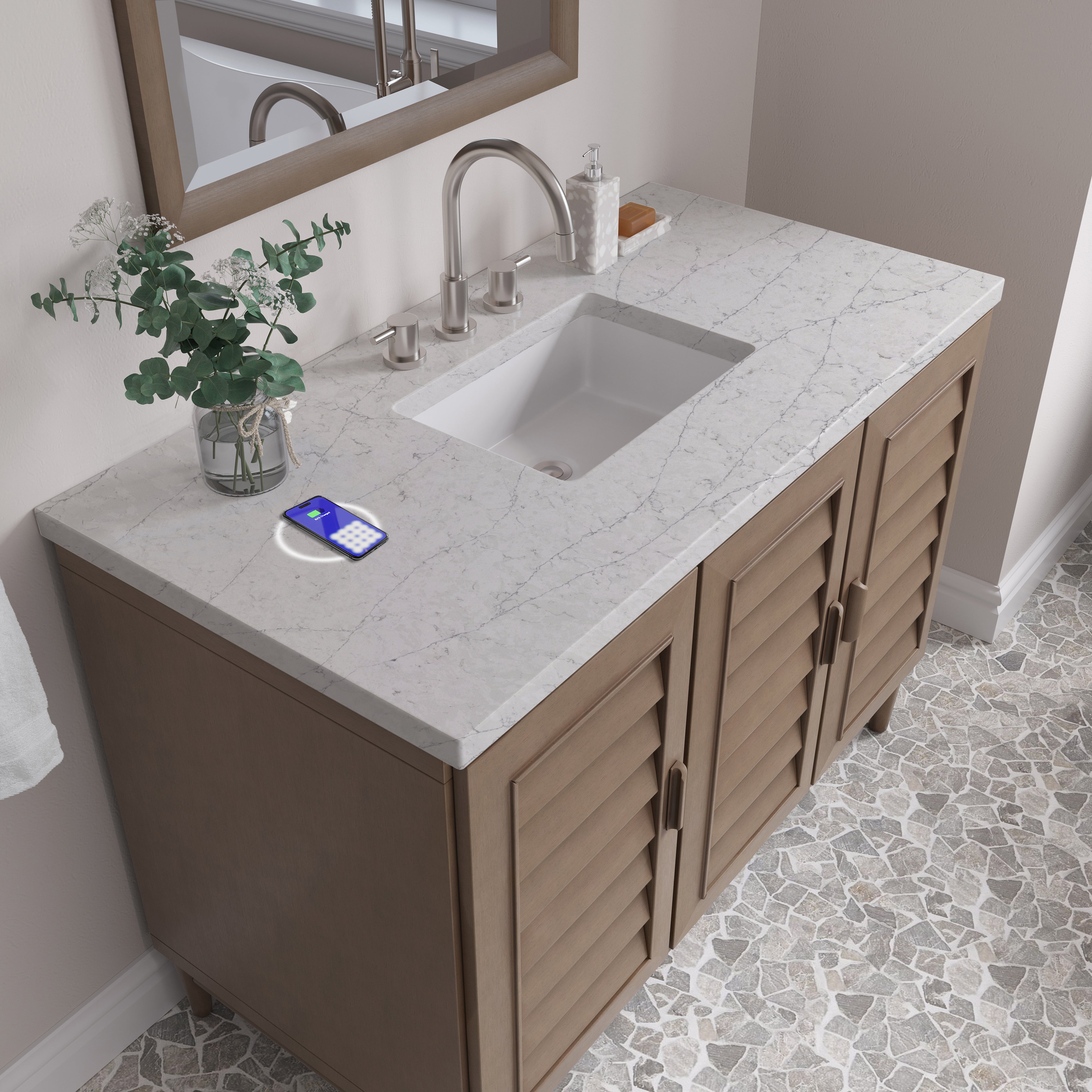 James Martin Portland 48" Single Vanity in Whitewashed Walnut with 3cm Countertop and FreePower Wireless Charger