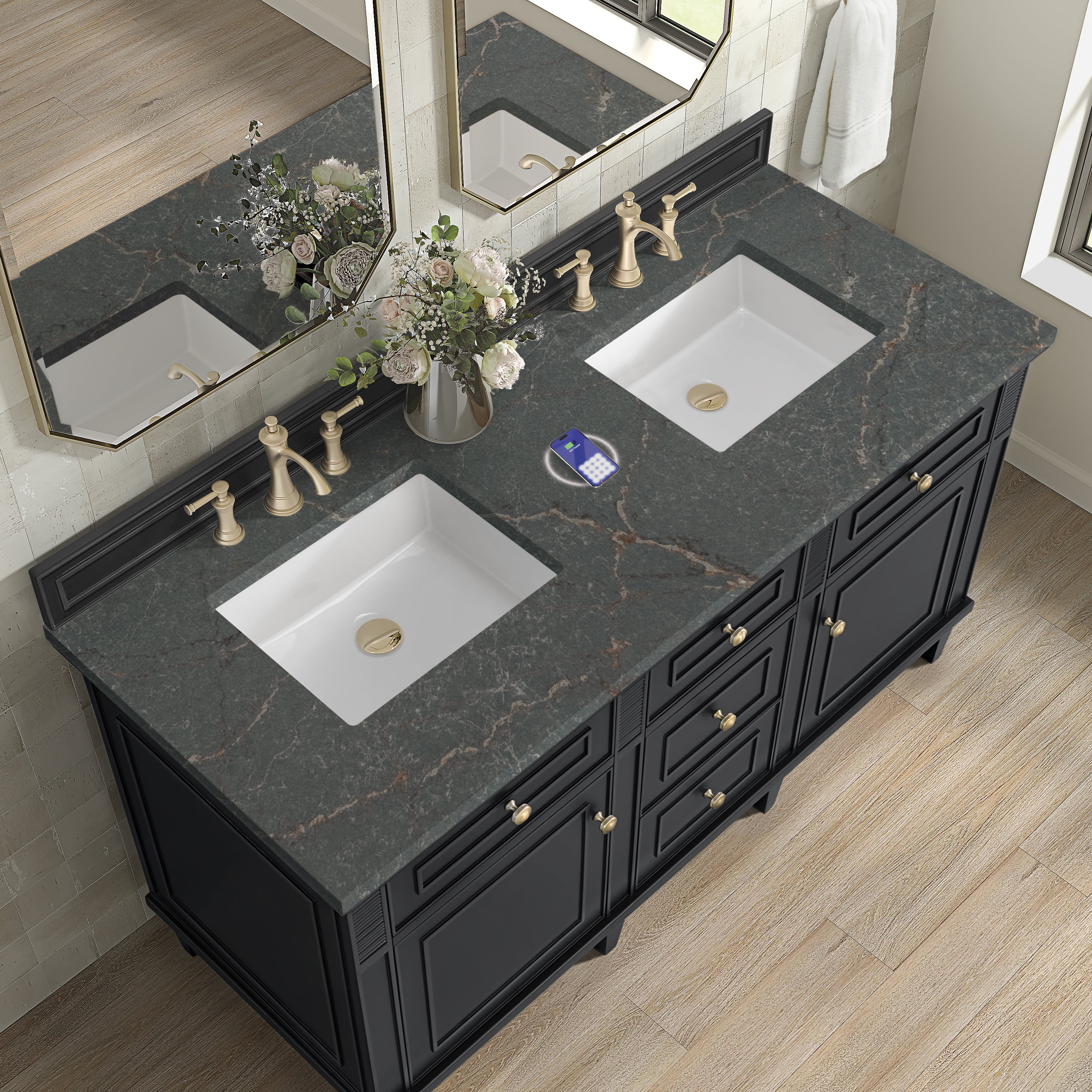 James Martin Lorelai 60" Double Vanity in Black Onyx with 3cm Countertop and FreePower Wireless Charger