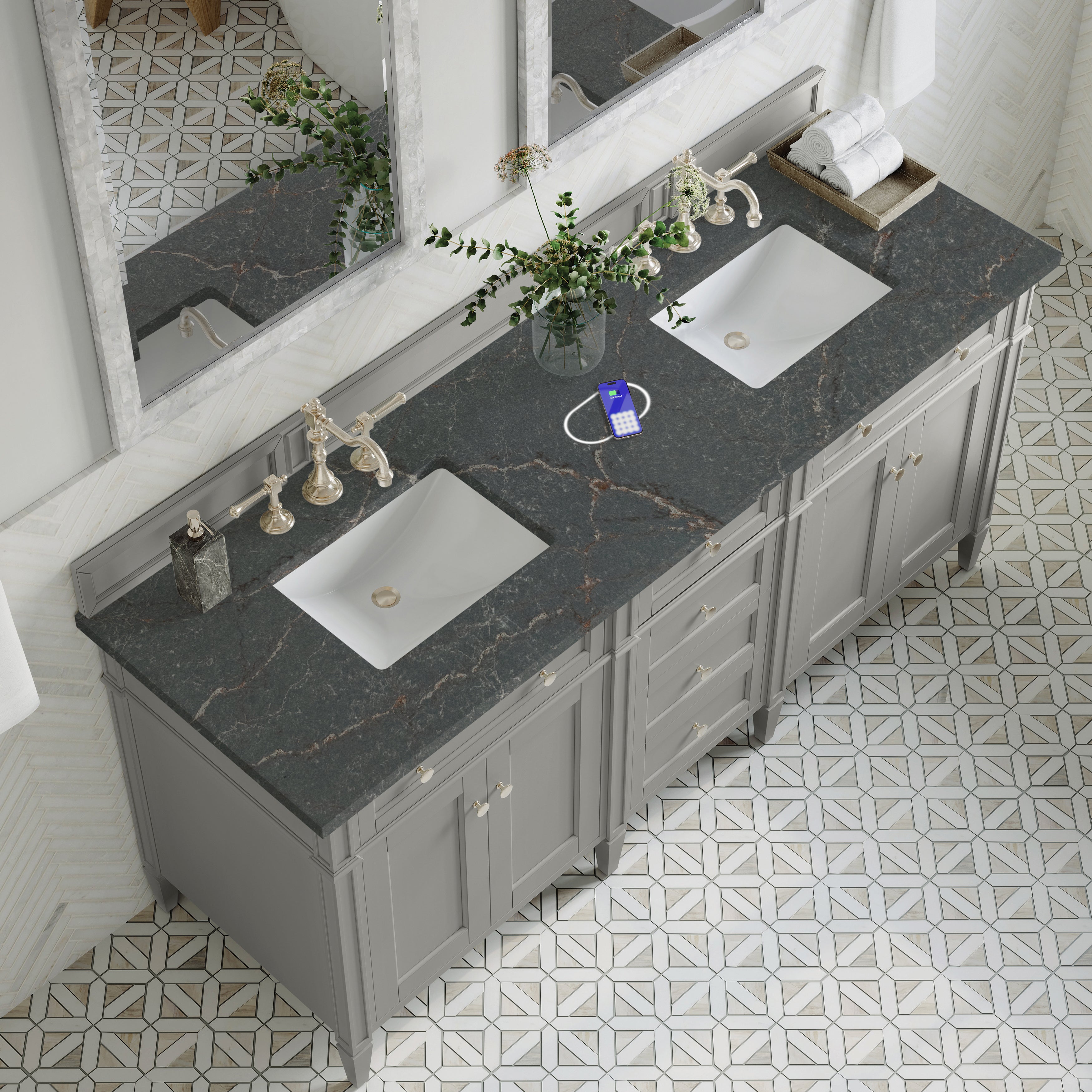 James Martin Brittany 72" Double Vanity in Urban Gray with 3cm Countertop and FreePower Wireless Charger