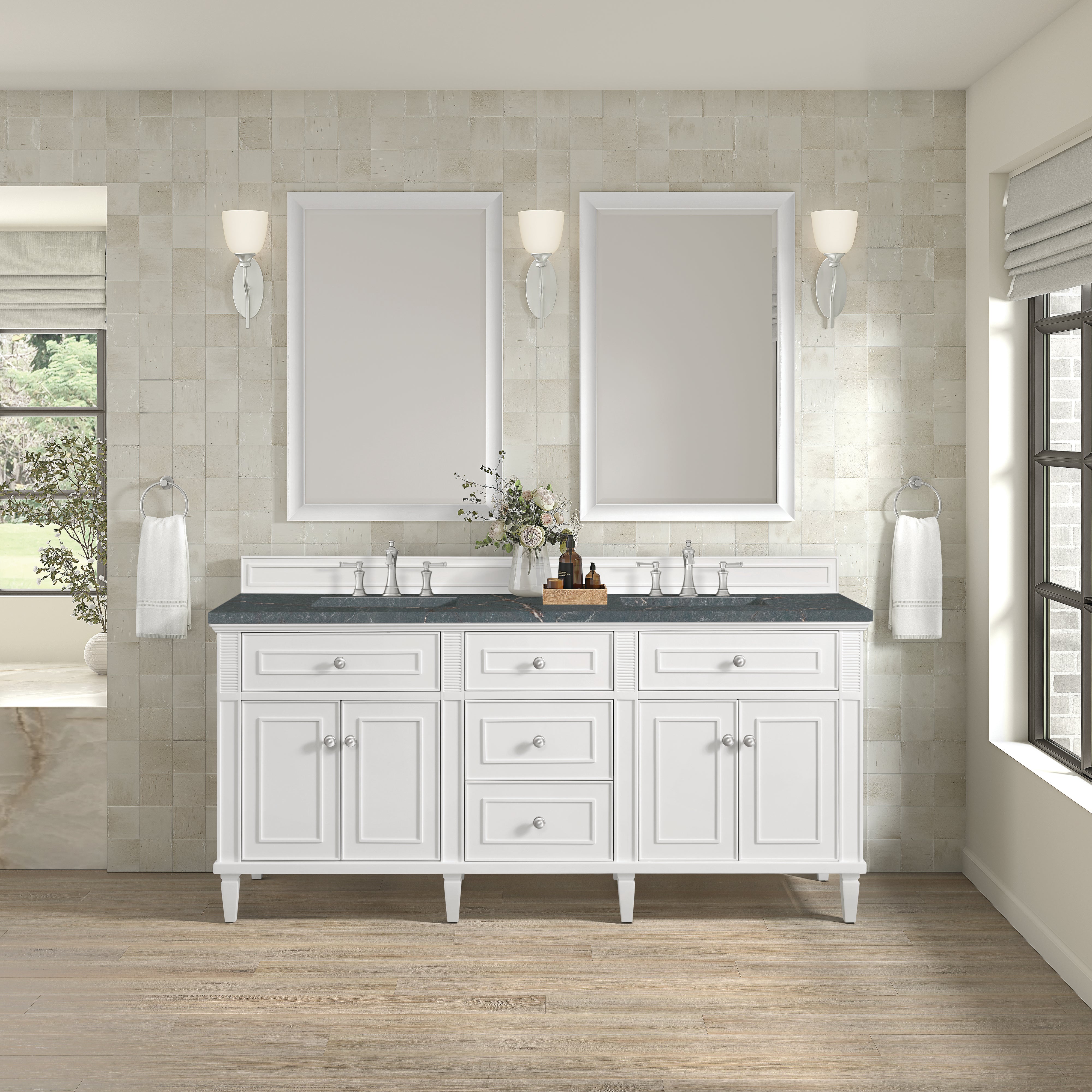 James Martin Lorelai 72" Double Vanity in Bright White with 3cm Countertop and FreePower Wireless Charger